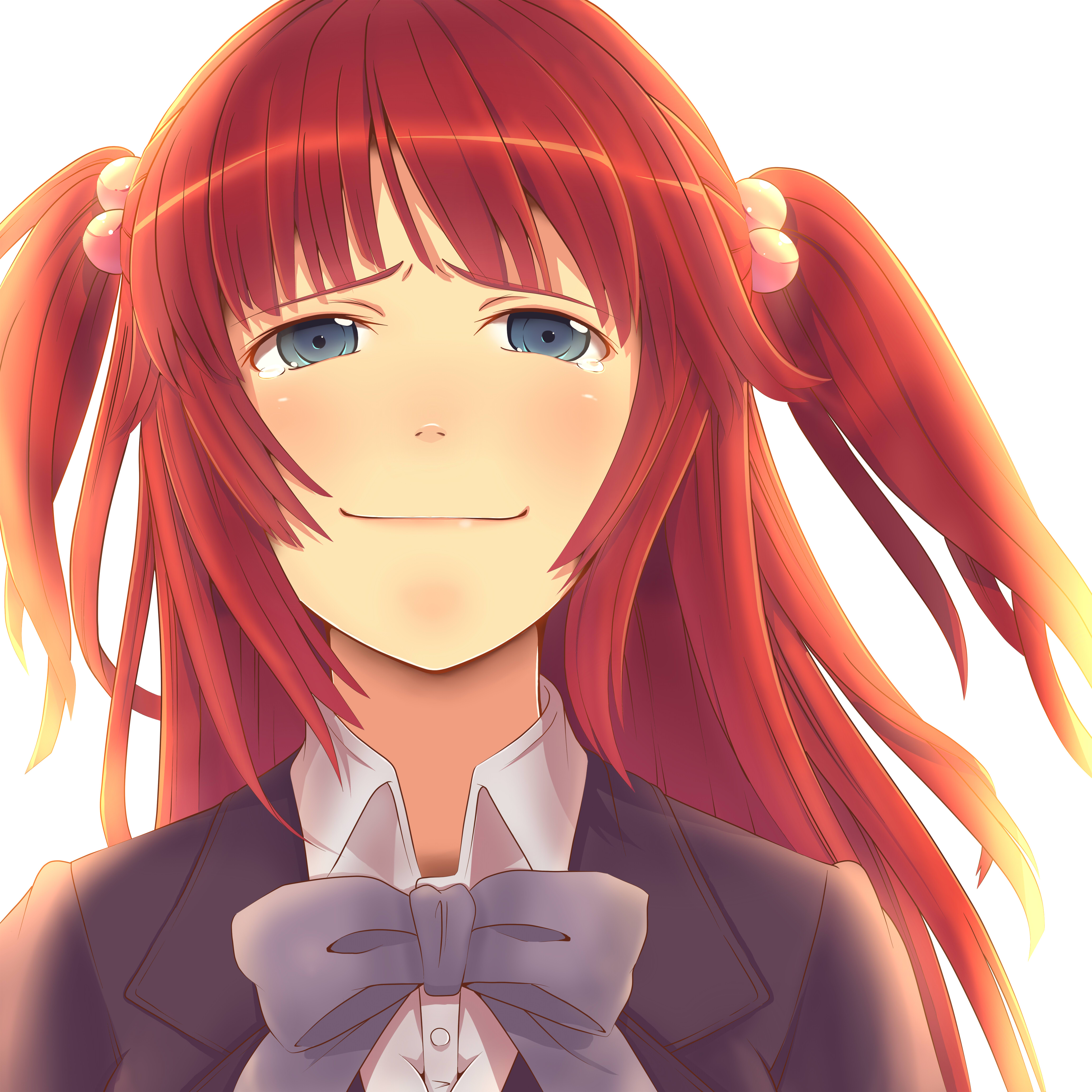 yooguru, ushiromiya ange, umineko no naku koro ni, absurdres, highres, 00s, 1girl, blue eyes, female focus, hair bobbles, hair ornament, happy tears, red hair, ribbon, solo, tears, twintails, two side up
