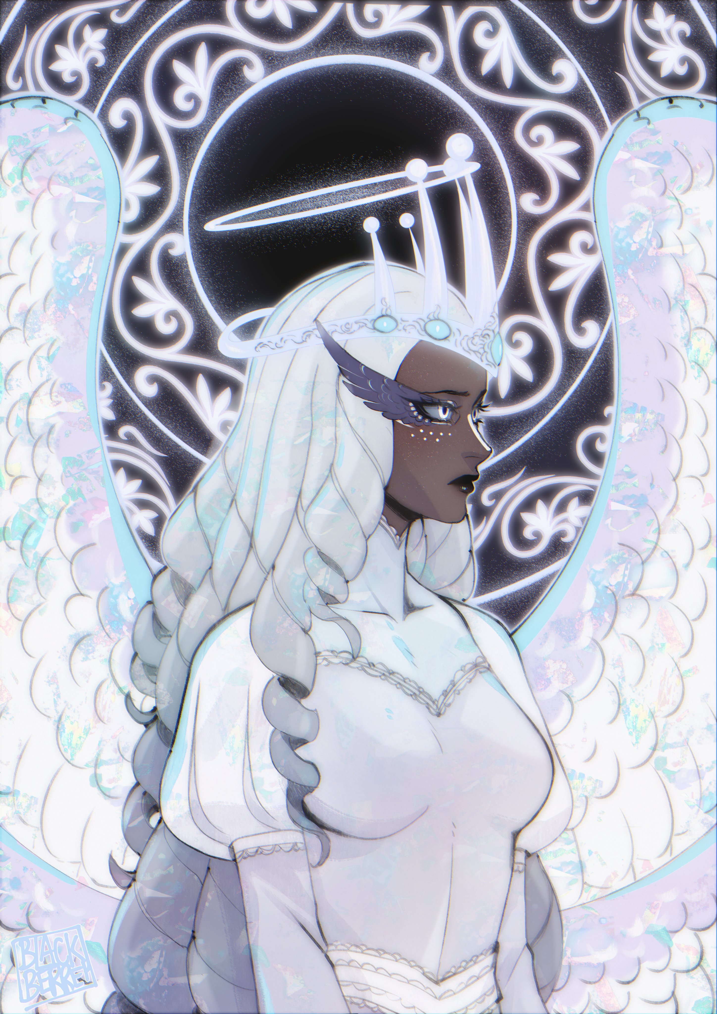 blackberreh-art, sera (hazbin hotel), hazbin hotel, hellaverse, absurdres, commentary, highres, symbol-only commentary, 1girl, angel, angel wings, dark-skinned female, dark skin, dress, feathered wings, long hair, solo, white dress, white eyes, white hair, wings