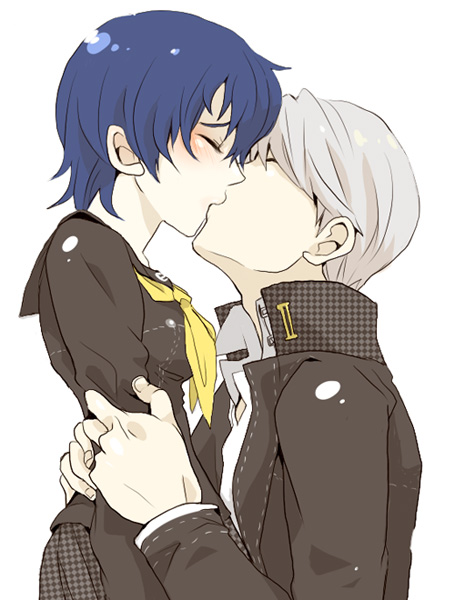 tihori-t, narukami yu, shirogane naoto, atlus, persona, persona 4, bad id, bad pixiv id, 1boy, 1girl, blue hair, blush, breasts, closed eyes, couple, grey hair, hetero, hug, kiss, school uniform, short hair