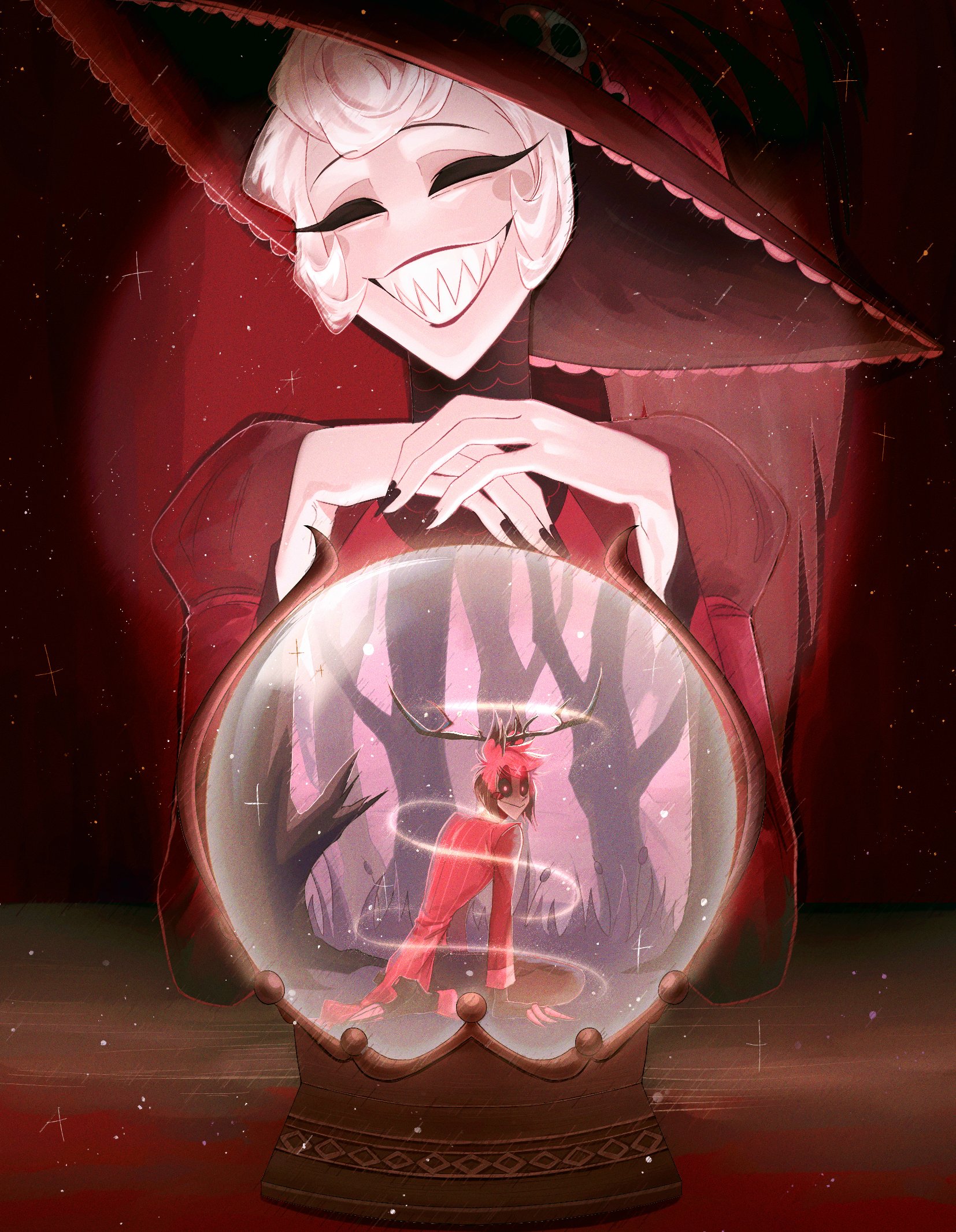 alastor (hazbin hotel), rosie (hazbin hotel), hazbin hotel, hellaverse, commentary, highres, symbol-only commentary, 1boy, 1girl, black pants, collared shirt, dress, i1i1i1i1i1, long dress, pants, pink shirt, red dress, red hair, sharp teeth, shirt, short hair, teeth, white hair