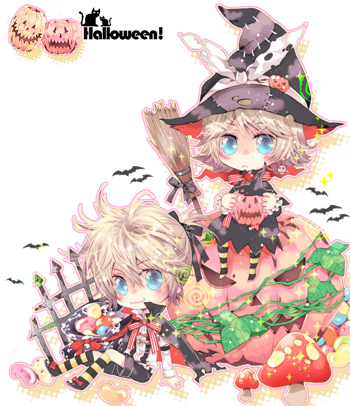 ciel1533, ciel (artist), kagamine len, kagamine rin, vocaloid, bad id, bad pixiv id, 1boy, 1girl, blonde hair, blue eyes, broom, brother and sister, candy, chibi, fang, food, food-themed hair ornament, hair ornament, halloween, hat, jack-o'-lantern, mushroom, pumpkin, pumpkin hair ornament, short hair, siblings, sitting, smile, twins, white background, witch hat