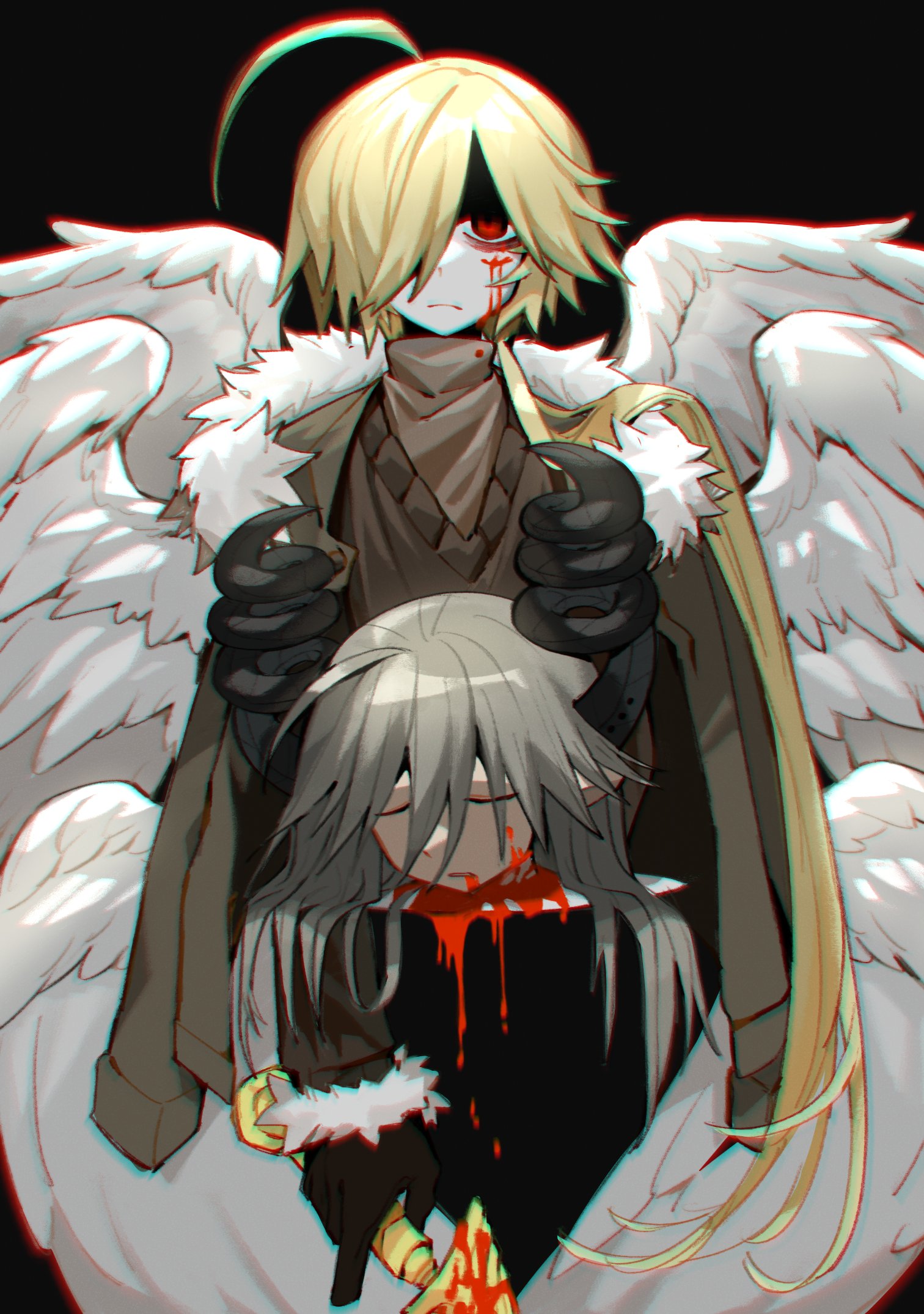 anten (funamusea), taffy (funamusea), funamusea, sutare yume, commentary request, highres, 2boys, angel wings, black hair, blonde hair, demon boy, demon horns, disembodied head, emu fern, expressionless, horns, long hair, low-tied long hair, multiple boys, wings