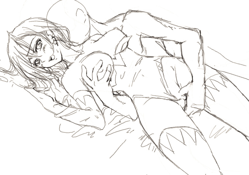 flieger, rydia (ff4), final fantasy, final fantasy iv, 1990s (style), 1boy, 1girl, bare shoulders, blush, breasts, clothes pull, clothing aside, earrings, elbow gloves, fingering, gloves, hetero, jewelry, leotard, leotard aside, long hair, lying, monochrome, nipples, pussy, retro artstyle, shirt pull, sketch, thighhighs, thighs, uncensored, wavy hair, white background