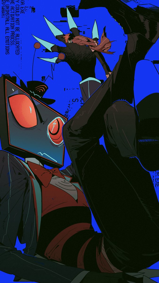 nongmin, alastor (hazbin hotel), vox (hazbin hotel), hazbin hotel, hellaverse, highres, 2boys, blue suit, demon boy, formal clothes, looking at another, multiple boys, red eyes, red hair, red suit, sharp teeth, slit pupils, suit, teeth