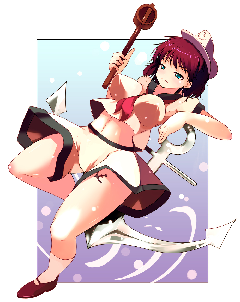 ippongui, murasa minamitsu, touhou, 1girl, anchor, aqua eyes, blue eyes, breasts, brown hair, female focus, full body, hat, purple hair, red hair, sailor, sailor hat, short hair, shorts, solo, tattoo, thighs