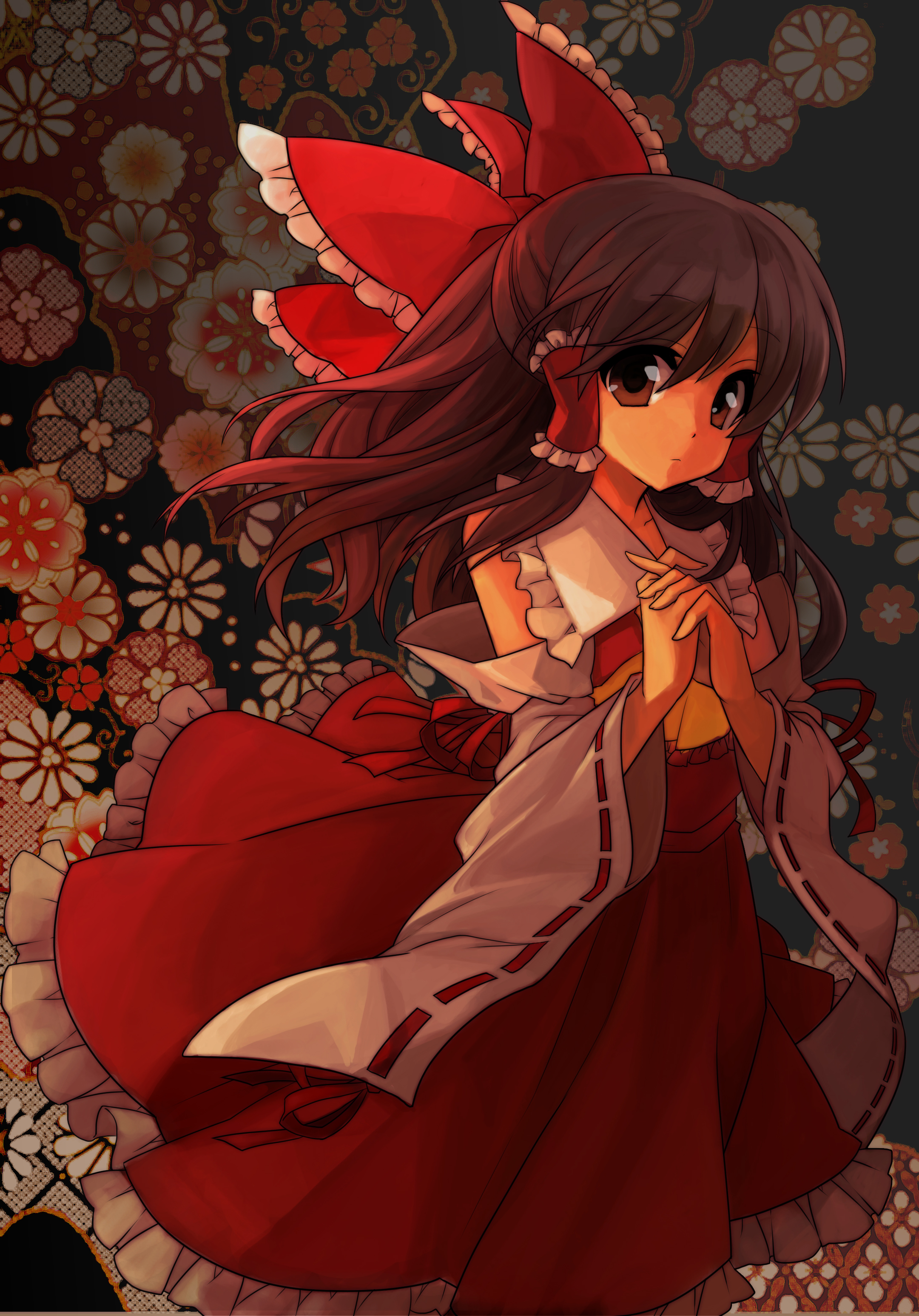 masaru.jp, mitsuki32k, hakurei reimu, touhou, absurdres, bad id, bad pixiv id, colorized, highres, 1girl, ascot, black hair, brown eyes, detached sleeves, female focus, floral background, flower, hair ribbon, half updo, japanese clothes, miko, own hands clasped, own hands together, ribbon, solo, yellow ascot