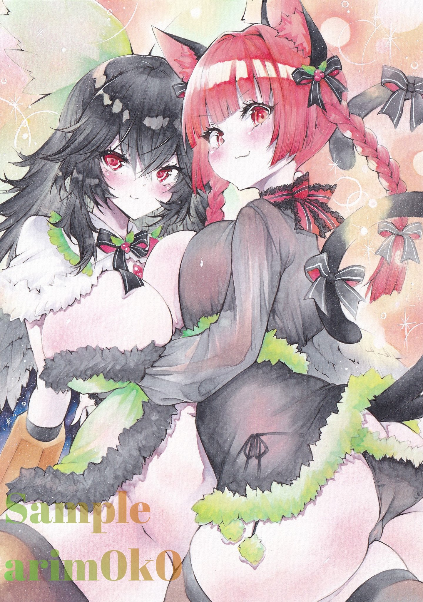 arim0k0, kaenbyou rin, reiuji utsuho, touhou, commentary request, highres, 2girls, :3, animal ears, arm cannon, ass, black bow, black dress, black hair, black panties, blunt bangs, blush, bow, braid, breast press, breasts, brown thighhighs, cat ears, cat girl, cat tail, closed mouth, cowboy shot, dress, green bow, hair bow, hug, large breasts, long hair, looking at viewer, multiple girls, multiple tails, navel, panties, red eyes, red hair, sample watermark, smile, symmetrical docking, tail, thighhighs, twin braids, two tails, underwear, watermark, weapon