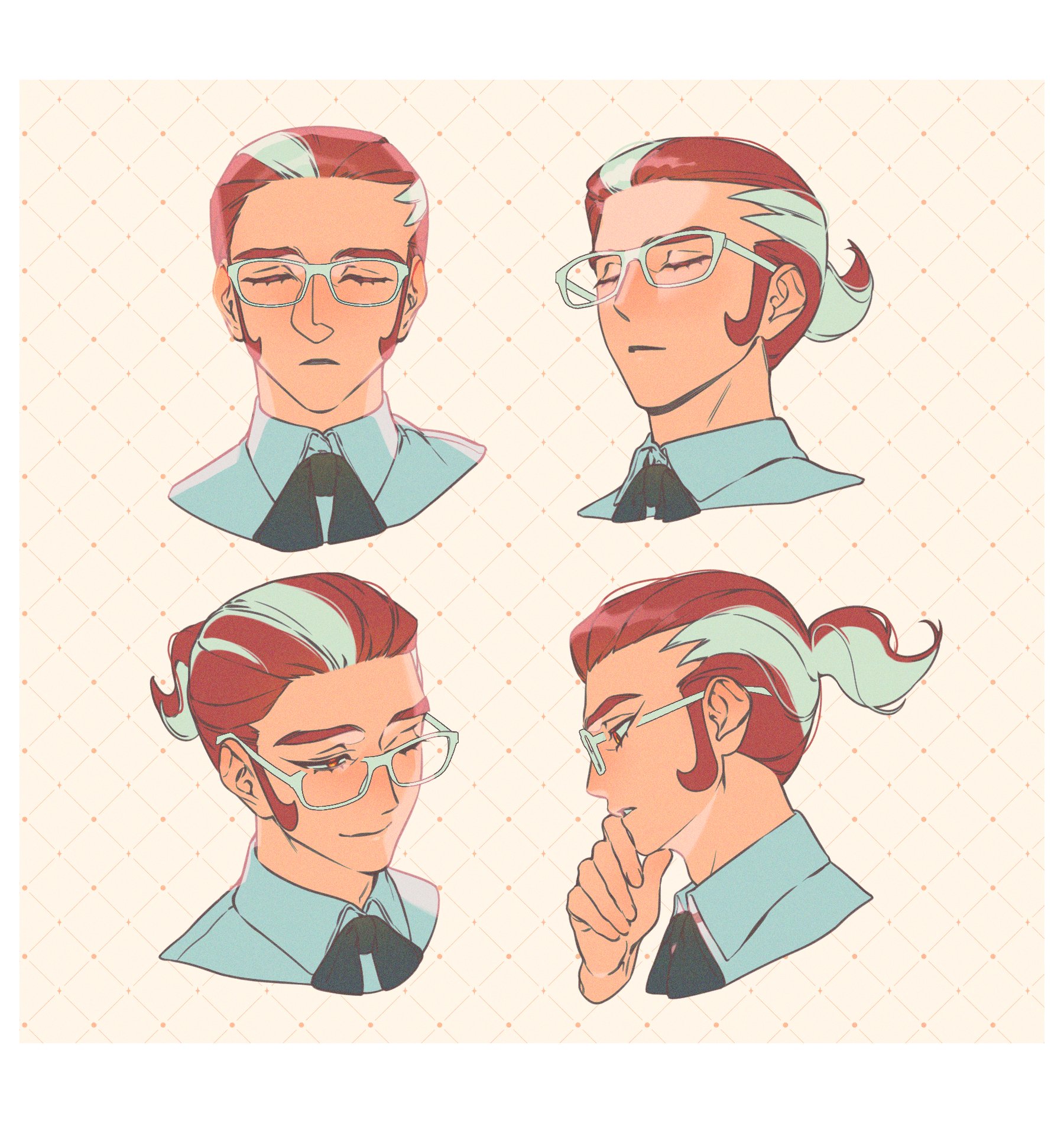 rumong, grisham (pokemon), nintendo, pokemon, pokemon legends: z-a, commentary request, highres, korean commentary, 1boy, closed eyes, collared shirt, eyelashes, glasses, hand on own chin, hand up, looking down, male focus, multicolored hair, multiple views, neck ribbon, ponytail, ribbon, shirt, short ponytail, stroking own chin, two-tone hair, white-framed eyewear