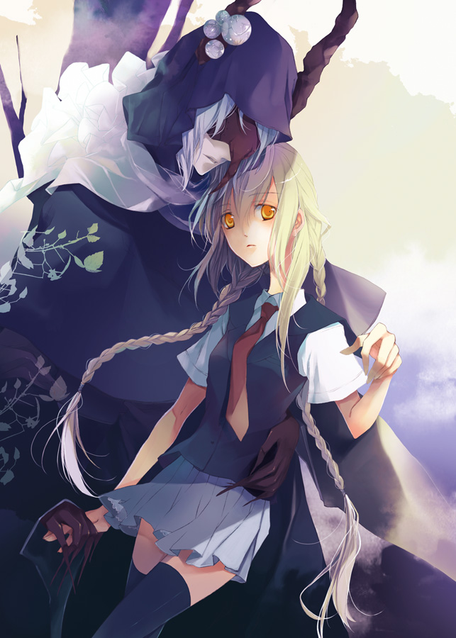 minato kuraya, original, blonde hair, braid, cloak, hood, long hair, necktie, scarf, school uniform, skirt, solo, thighhighs, twin braids, very long hair, white hair, yellow eyes