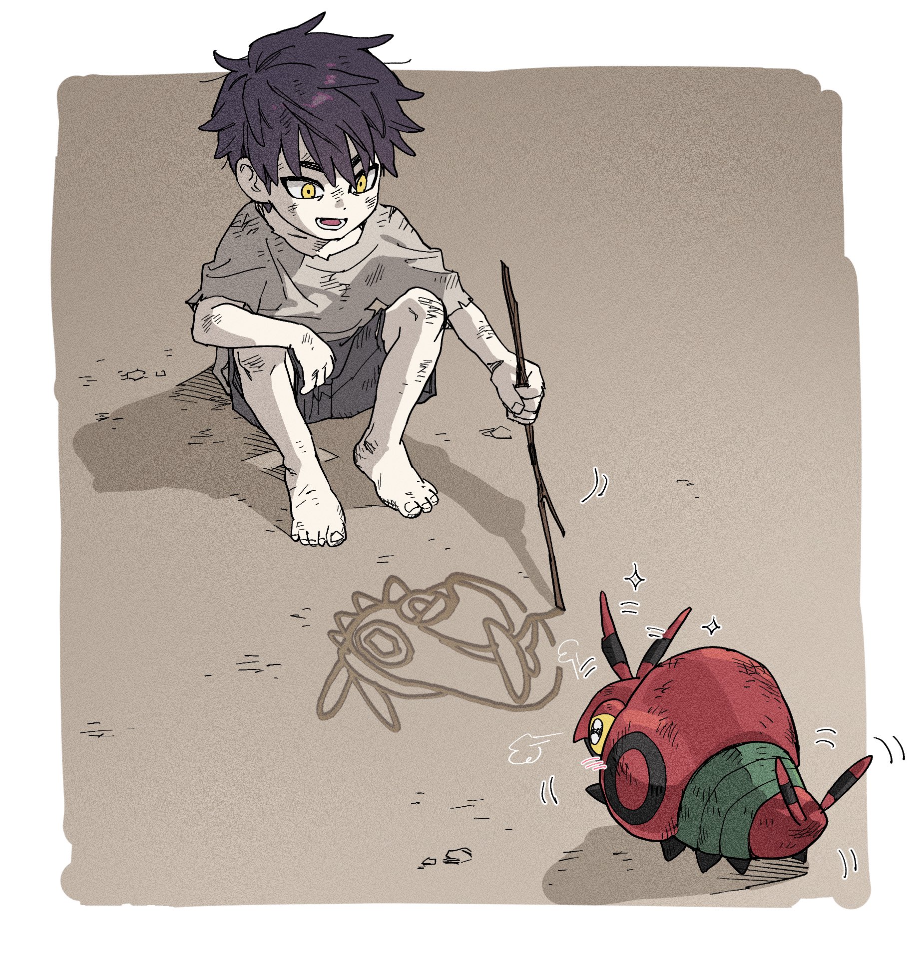 pkmnrkgk, corbeau (pokemon), venipede, nintendo, pokemon, pokemon legends: z-a, highres, 1boy, aged down, barefoot, border, dirty, drawing on sand, gen 5 pokemon, holding, holding stick, lower teeth only, male focus, open mouth, pokemon (creature), shirt, short hair, short sleeves, shorts, sitting, stick, t-shirt, teeth, toes, white border, yellow eyes
