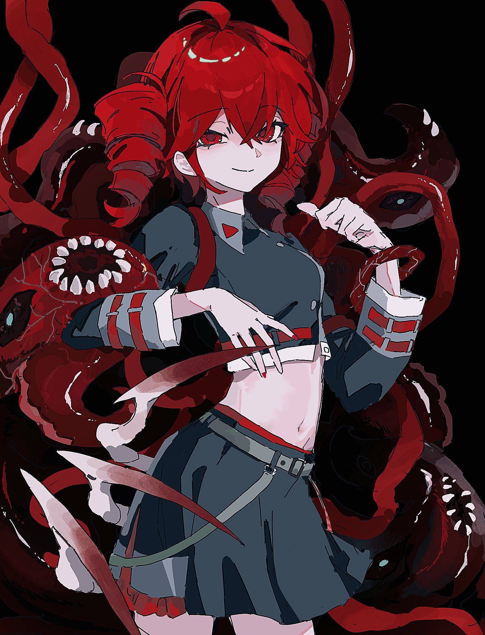 kasane teto, original, utau, highres, 1girl, 1other, alternate costume, belt, black background, bloomers, collared shirt, cropped shirt, drill hair, grey shirt, grey skirt, long sleeves, looking at viewer, monster, multicolored shirt, navel, nymphoides111, panties, panty peek, pointing, pointing at self, red bloomers, red eyes, red hair, shirt, skeletal hand, skirt, smile, stomach, tentacle with mouth, tentacles, twin drills, underwear