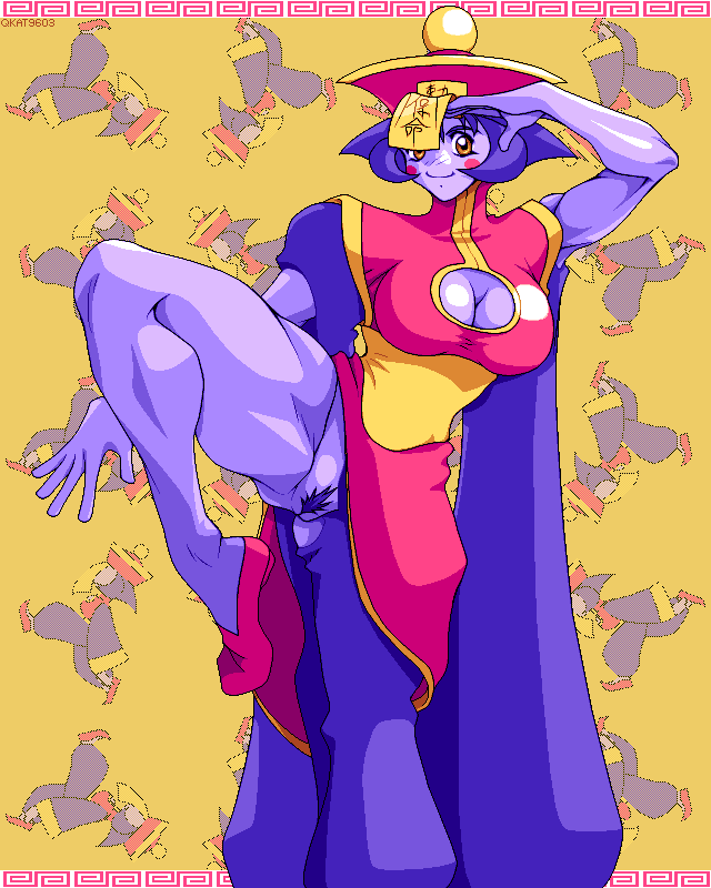 qkat (arikawa-dou), chun-li, hsien-ko, capcom, darkstalkers, street fighter, 1girl, blue skin, blush, china dress, chinese clothes, cleavage cutout, clothing cutout, colored skin, dress, female focus, female pubic hair, jiangshi, no panties, ofuda, parody, pc-98 (style), pubic hair, purple hair, purple skin, pussy, solo, standing, standing on one leg, thick thighs, thighs, uncensored, yellow eyes