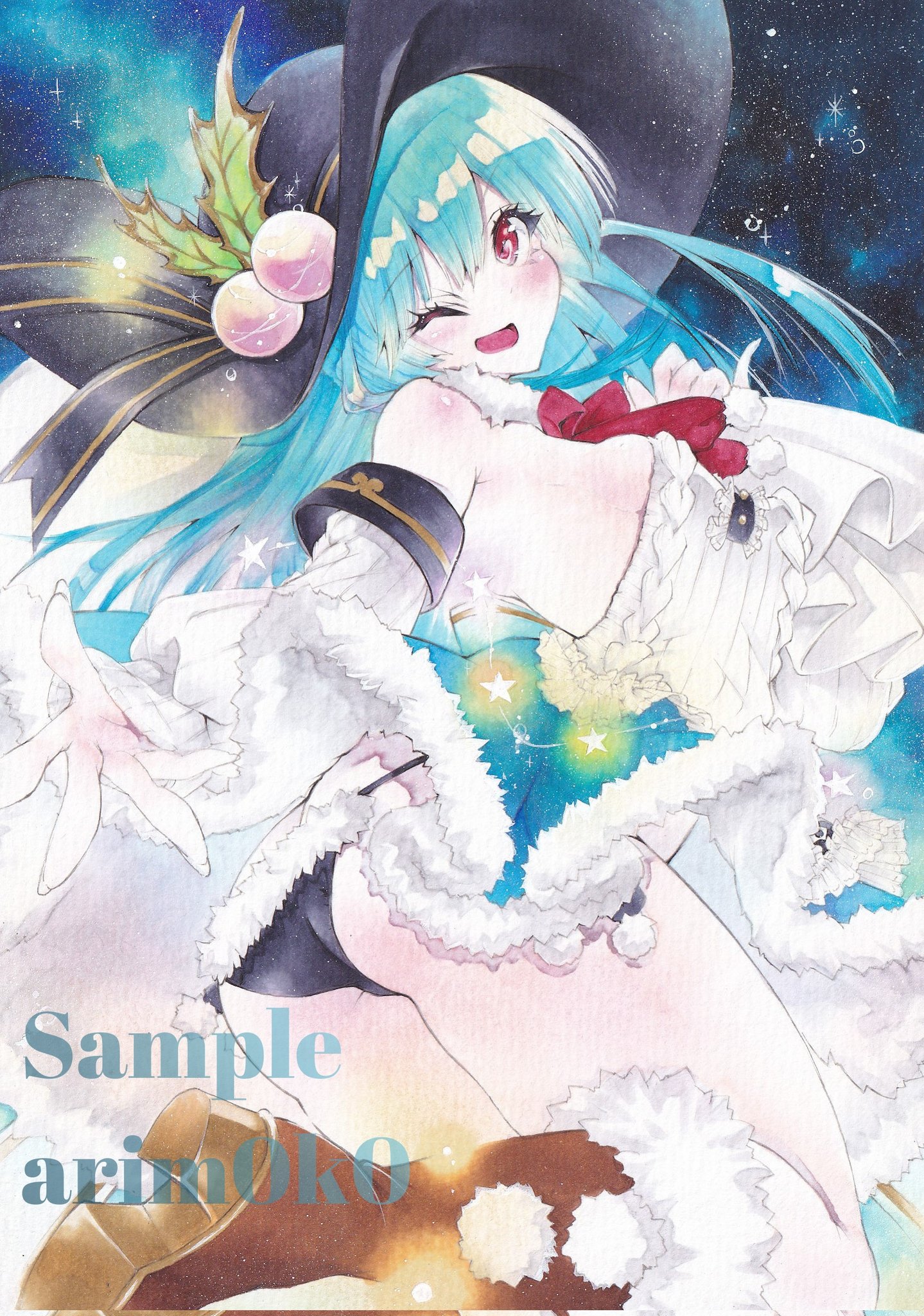 arim0k0, hinanawi tenshi, touhou, commentary request, highres, 1girl, ass, black hat, blue hair, blue skirt, blue sky, blush, boots, breasts, brown boots, detached sleeves, foot out of frame, fur-trimmed boots, fur-trimmed panties, fur-trimmed skirt, fur trim, hat, hat ornament, leaf hat ornament, long hair, looking at viewer, medium breasts, one eye closed, open mouth, panties, peach hat ornament, reaching, reaching towards viewer, red eyes, sample watermark, shirt, sideboob, sideless shirt, skirt, sky, smile, solo, star (sky), starry sky, underwear, watermark, white shirt, white sleeves