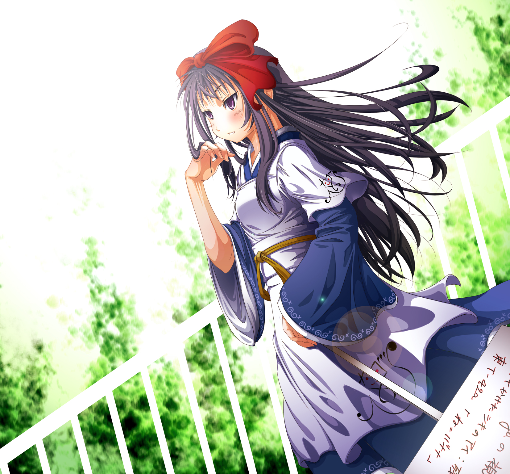 774kks, omega no shikai, bad id, bad pixiv id, highres, 1girl, blush, bow, female focus, hair bow, japanese clothes, long hair, nature, outdoors, purple eyes, purple hair, sky, smile, solo, wind