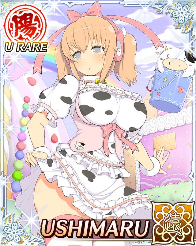 ushimaru (senran kagura), ushiwakamaru (senran kagura), senran kagura, senran kagura new wave, game cg, official art, third-party source, 1girl, :o, animal print, border, bow, breasts, bright pupils, card (medium), character name, clothes lift, cow, cow print, cow print dress, day, dress, dress lift, facing to the side, grey eyes, hair bow, headphones, huge breasts, lifting own clothes, medium hair, orange hair, outdoors, outstretched arm, pink bow, puffy short sleeves, puffy sleeves, rainbow, short sleeves, short twintails, solo, striped clothes, striped thighhighs, thighhighs, twintails, white pupils, wrist cuffs