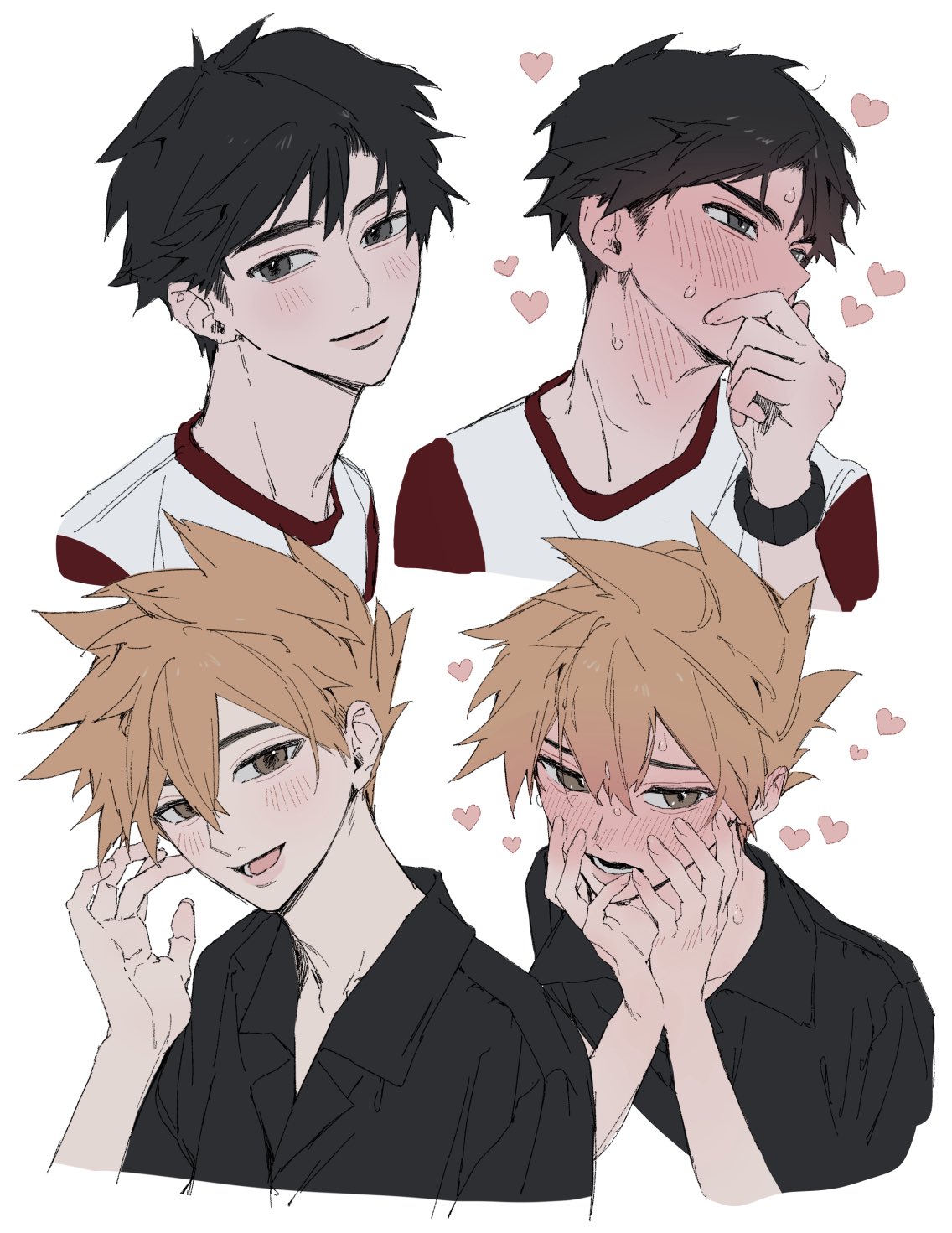 sekaiitinoki, blue oak, red (pokemon), nintendo, pokemon, pokemon sm, highres, 2boys, :d, black hair, blush, bracelet, brown hair, closed mouth, full-face blush, hand up, hands up, heart, jewelry, male focus, multiple boys, multiple views, open mouth, raglan sleeves, shirt, short hair, smile, spiked hair, sweat