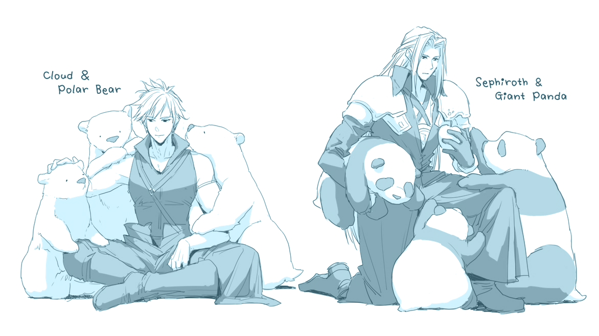 t3 (19841230), cloud strife, sephiroth, final fantasy, final fantasy vii, final fantasy vii: advent children, 2boys, apple, arm ribbon, armor, bare shoulders, bear, black boots, black coat, black pants, black vest, boots, character name, chest strap, coat, food, fruit, full body, hand on another's head, holding, holding food, holding fruit, indian style, kneeling, long hair, male focus, multiple boys, panda, pants, parted bangs, pauldrons, polar bear, ribbon, short hair, shoulder armor, sitting, spiked hair, vest, waist cape, white background