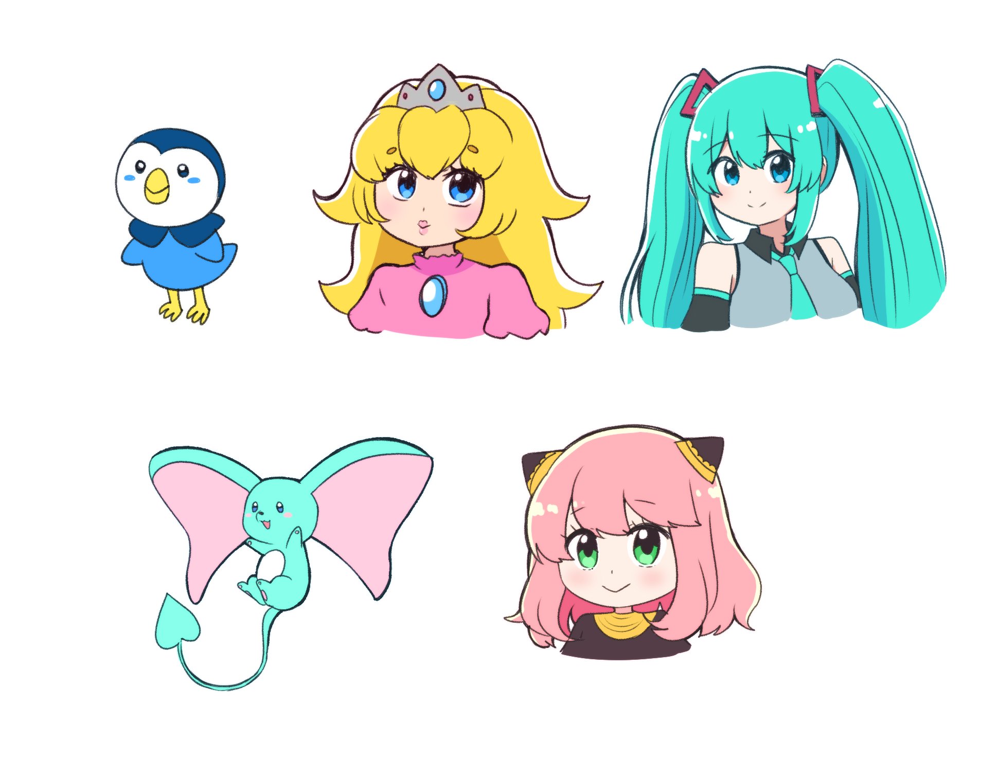 wolfychu (artist), anya (spy x family), hatsune miku, piplup, princess peach, mario (series), nintendo, pokemon, spy x family, vocaloid, blue gem, character request, commentary, english commentary, highres, 3girls, :>, :d, aqua hair, aqua necktie, aqua trim, bare shoulders, beak, bird, black dress, black sleeves, blonde hair, blue eyes, blush, blush stickers, breasts, brooch, closed mouth, collared shirt, cropped torso, crossover, crown, demon tail, detached sleeves, dress, gem, gen 4 pokemon, gold trim, green eyes, grey shirt, hair between eyes, hair ornament, hairpods, jeweled crown, jewelry, large ears, lips, long hair, long sleeves, looking at viewer, medium breasts, medium hair, multiple girls, necktie, open mouth, penguin, pink dress, pink hair, pink lips, pokemon (creature), puffy short sleeves, puffy sleeves, shirt, short sleeves, silver crown, simple background, sleeveless, sleeveless shirt, smile, split mouth, tail, thick eyebrows, twintails, very long hair, white background