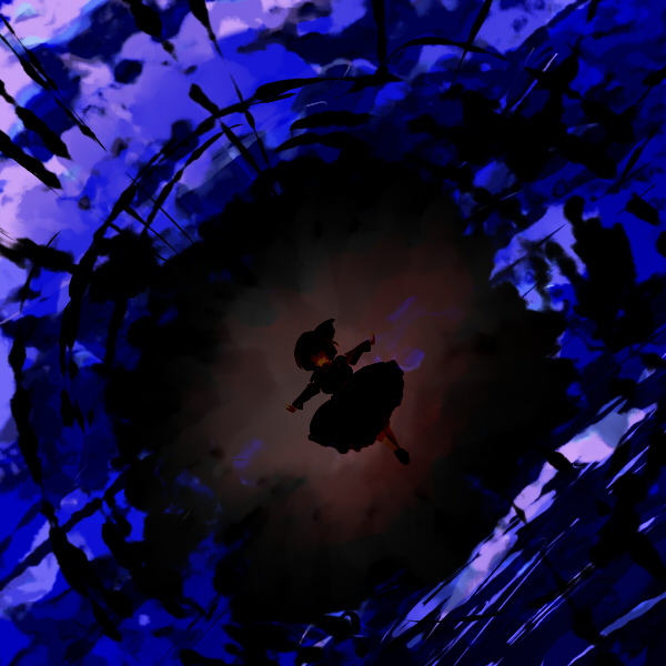 tsuttsu, rumia, embodiment of scarlet devil, touhou, bad id, bad pixiv id, 1girl, blonde hair, dark, darkness, female focus, hair ribbon, outstretched arms, red eyes, ribbon, short hair, solo, spread arms