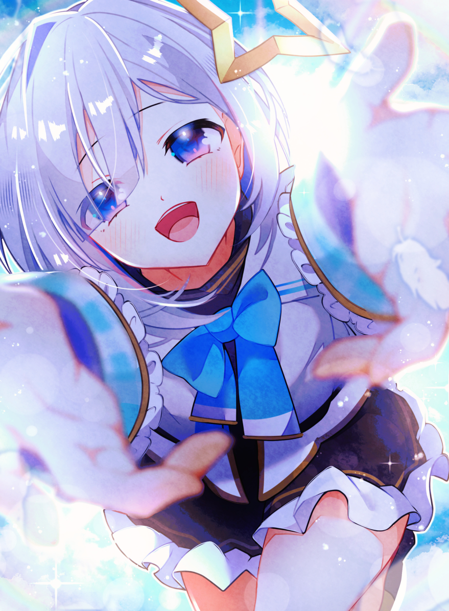 satsuki (pixiv 742410), amane kanata, amane kanata (1st costume), hololive, commentary request, 1girl, aqua hair, aqua wings, black skirt, blue bow, blue bowtie, blue trim, blush, bob cut, bow, bowtie, colored inner hair, hair between eyes, halo, jacket, long sleeves, looking at viewer, mini wings, multicolored hair, open mouth, pink hair, purple eyes, reaching, reaching towards viewer, single hair intake, skirt, smile, solo, star halo, upper body, virtual youtuber, white hair, white jacket, wings, yellow halo