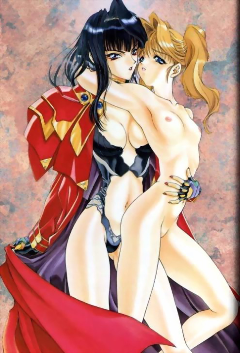 utatane hiroyuki, atim mazaku, attim m'zak, kei heidemann, seraphic feather, scan, 1990s (style), 2girls, abstract background, armpits, black hair, blonde hair, breasts, cape, clothed female nude female, fingerless gloves, gloves, hair intakes, imminent kiss, long hair, looking at another, looking at viewer, looking back, medium breasts, multiple girls, nail polish, narrow waist, nude, retro artstyle, small breasts, standing, twintails, yuri
