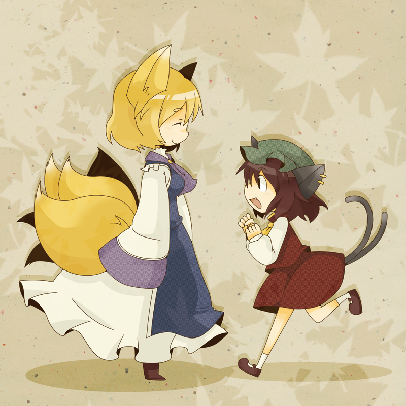 misaki, misaki (1n1m), chen, yakumo ran, touhou, 2girls, animal ears, blonde hair, brown eyes, brown hair, cat ears, cat girl, cat tail, chibi, closed eyes, earrings, fang, female focus, fox ears, fox tail, jewelry, multiple girls, multiple tails, short hair, tail