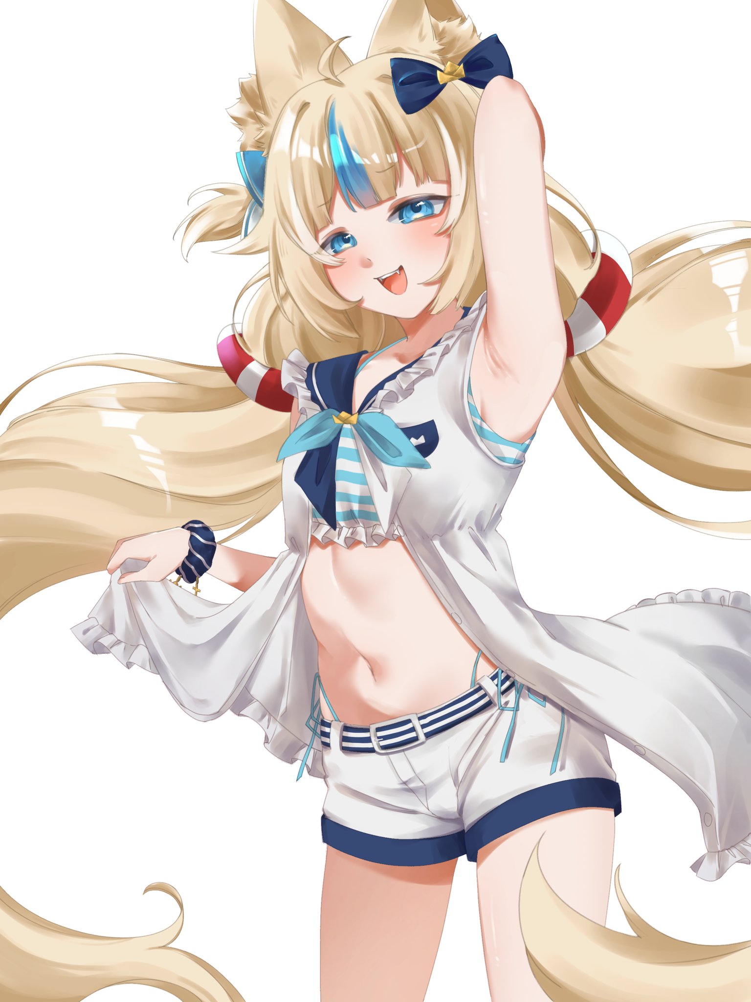 sameko saba, sameko saba (1st costume), indie virtual youtuber, commentary, highres, symbol-only commentary, variant set, 1girl, ahoge, animal ears, arm behind head, arm up, armpits, bare shoulders, bikini, bikini under clothes, bitemii, blonde hair, blue bikini, blue eyes, blue hair, blue neckerchief, blue sailor collar, blue scrunchie, bow, breasts, cat ears, cowboy shot, dress, fangs, furrowed brow, hair bow, lifebuoy hair ornament, long hair, low twintails, midriff, multicolored bikini, multicolored hair, navel, neckerchief, no tail, open clothes, open dress, open mouth, panty straps, sailor collar, sailor dress, scrunchie, short shorts, shorts, simple background, sleeveless, sleeveless dress, small breasts, smile, solo, stomach, streaked hair, striped bikini, striped clothes, swimsuit, teeth, twintails, two-tone bikini, two-tone hair, unbuttoned, upper teeth only, very long hair, virtual youtuber, white background, white dress, white shorts, wrist scrunchie