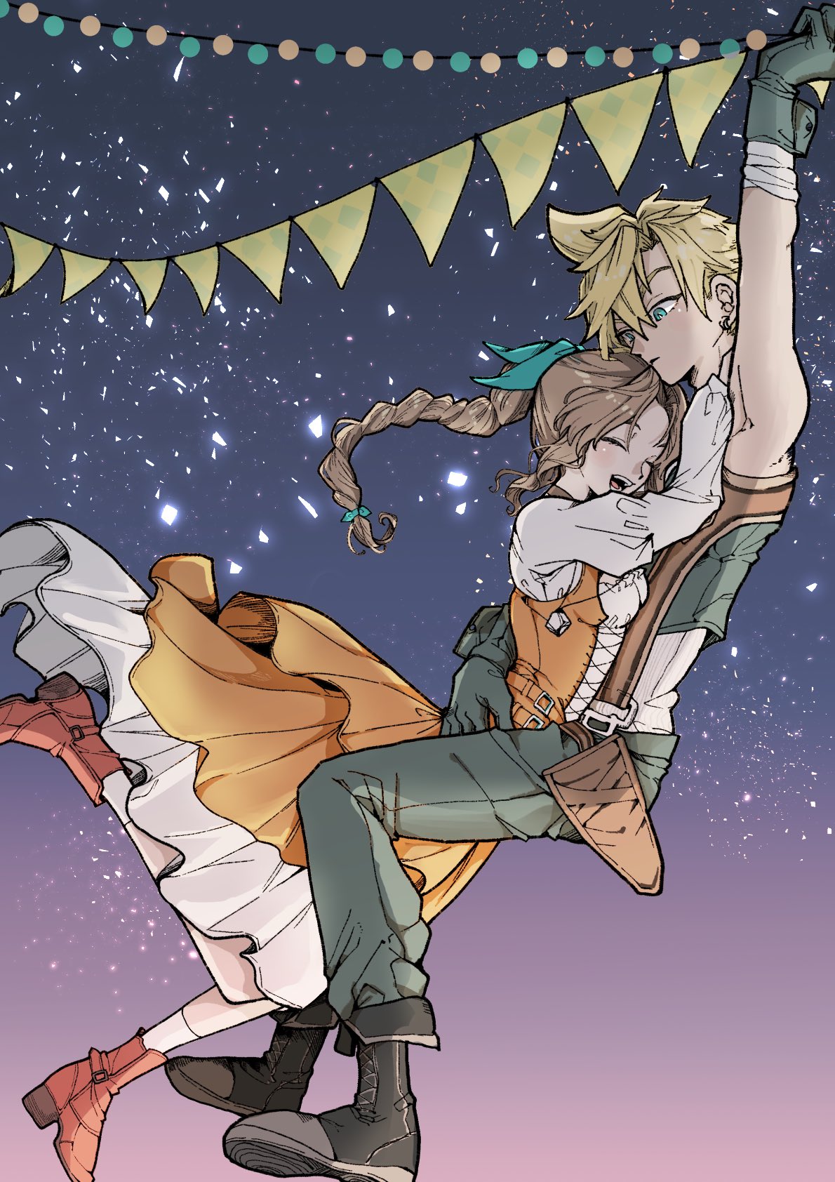 souse me, aerith gainsborough, aerith gainsborough (garnet's gown), cloud strife, cloud strife (zidane's outfit), garnet til alexandros xvii, zidane tribal, final fantasy, final fantasy vii, final fantasy vii: ever crisis, highres, 1boy, 1girl, aqua ribbon, arm around waist, arm up, bandaged arm, bandages, black boots, blonde hair, blue eyes, boots, breasts, brown hair, closed eyes, cosplay, crystal, dress, earrings, full body, garnet til alexandros xvii (cosplay), gloves, grey gloves, grey pants, grey vest, grey wrist cuffs, hair between eyes, hair ribbon, hand on another's shoulder, hetero, jewelry, light blush, long dress, long hair, medium breasts, official alternate costume, open mouth, orange dress, pants, parted bangs, pendant, pennant, petticoat, red boots, ribbon, shirt, short hair, sidelocks, single earring, smile, spiked hair, suspenders, vest, white shirt, wrist cuffs, zidane tribal (cosplay)