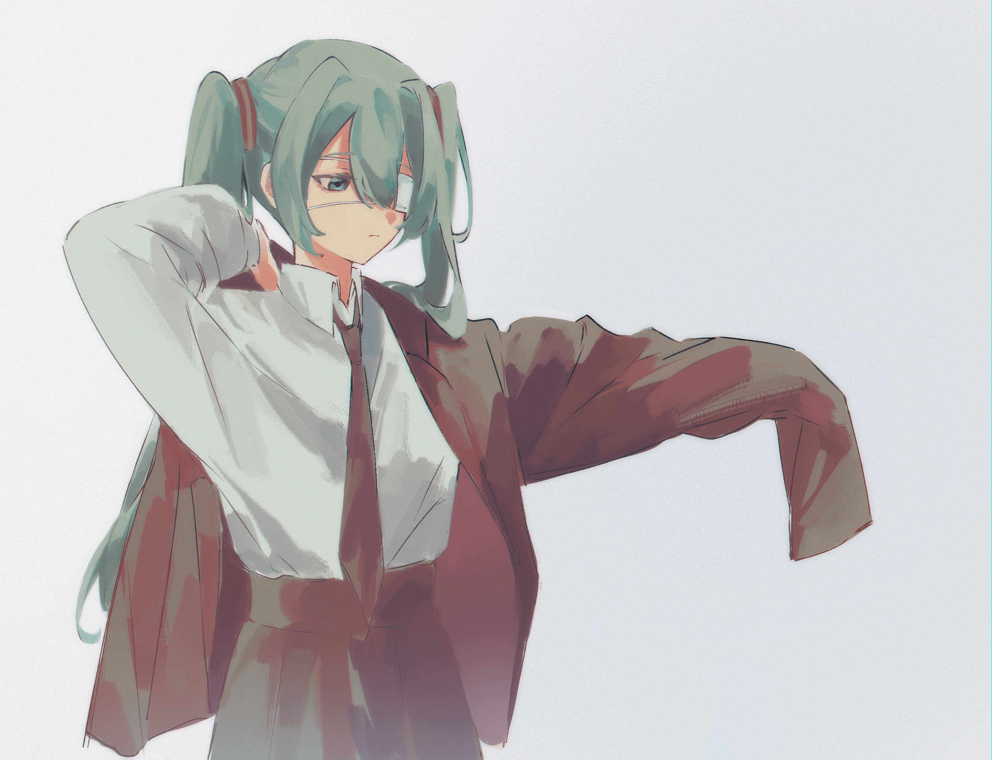 hatsune miku, monitoring (vocaloid), vocaloid, absurdres, highres, 1girl, black jacket, black necktie, black skirt, blazer, collared shirt, double-parted bangs, dressing, eyepatch, geosmichi77, grey background, jacket, light frown, long hair, long sleeves, looking down, medical eyepatch, necktie, pleated skirt, putting on jacket, sad, shirt, simple background, skirt, solo, twintails, white shirt