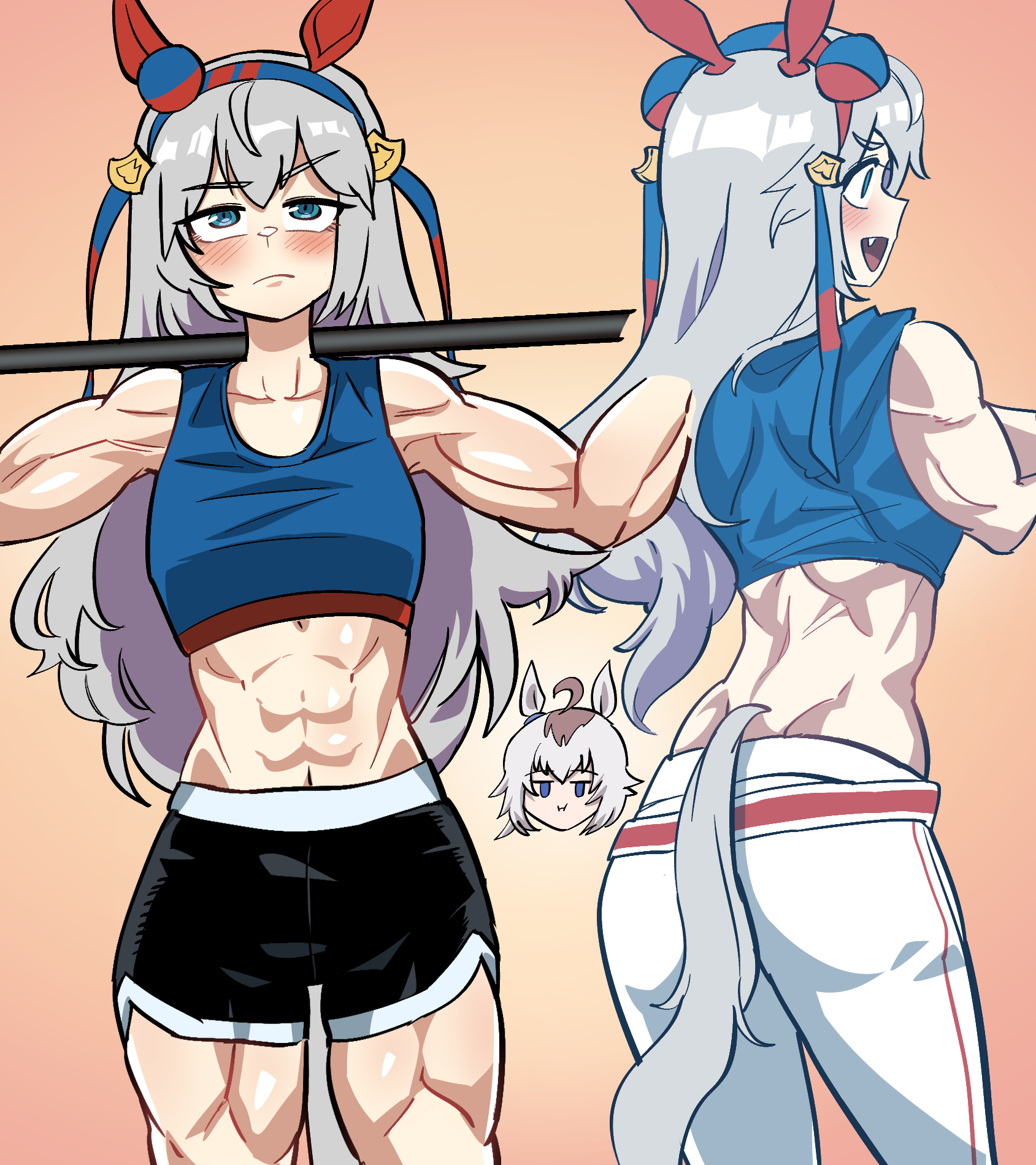 dinoyhs, oguri cap (umamusume), tamamo cross (umamusume), umamusume, commentary request, highres, korean commentary, 2girls, :d, abs, ahoge, animal ears, bare shoulders, black shorts, blue eyes, blue hairband, blush, brown background, closed mouth, exercising, fang, grey hair, hairband, horse ears, horse girl, horse tail, long hair, multicolored hair, multiple girls, muscular, muscular female, navel, open mouth, pants, profile, shorts, smile, tail, two-tone hair, v-shaped eyebrows, very long hair, weightlifting, white pants