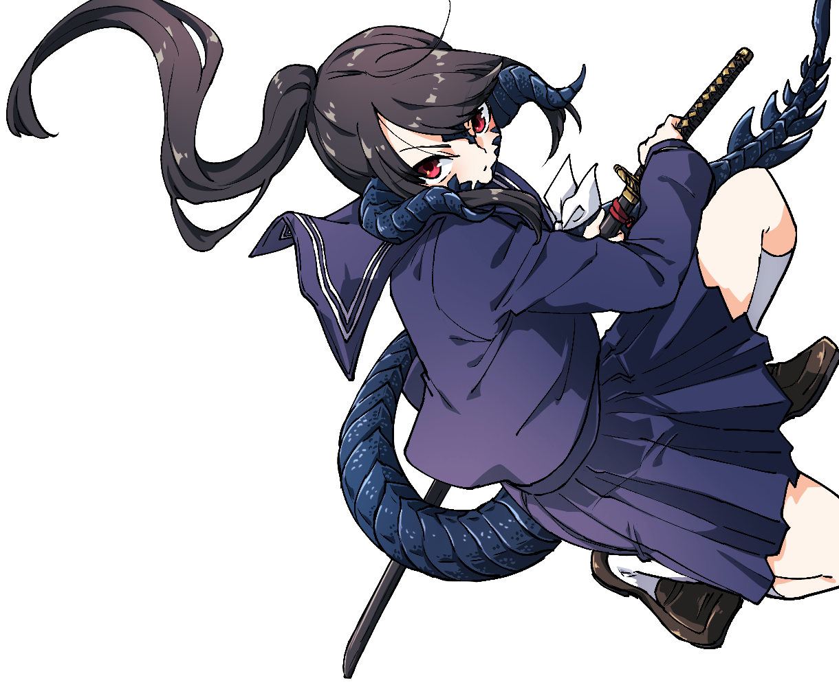 sakuma gin maru sakuma, final fantasy, final fantasy xiv, original, commission, commissioner upload, non-web source, skeb commission, 1other, au ra, dragon horns, dragon tail, high ponytail, holding, holding sword, holding weapon, horns, izumi tol amulius, japanese clothes, katana, kneehighs, loafers, long hair, looking at viewer, neckerchief, on one knee, ponytail, red eyes, scales, school uniform, serafuku, shoes, socks, sword, tail, weapon, white neckerchief