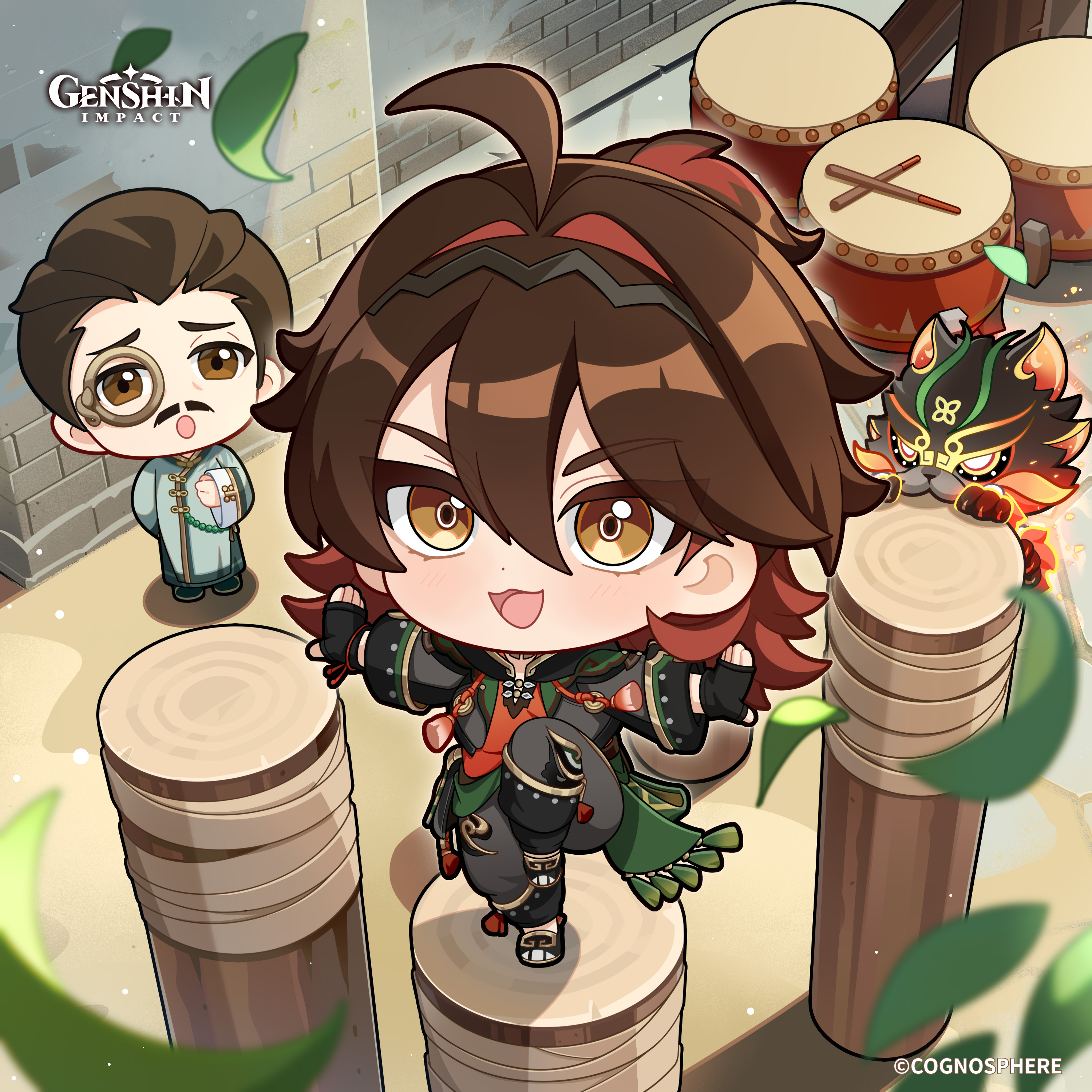 gaming (genshin impact), man chai (genshin impact), genshin impact, absurdres, commentary, english commentary, highres, official art, 2boys, :3, ahoge, bachi, black gloves, black hairband, blurry, blurry foreground, brick wall, brown eyes, brown hair, chibi, chinese clothes, copyright name, drum, fingerless gloves, gloves, hair between eyes, hair intakes, hairband, instrument, jacket, leaf, looking at viewer, male focus, monocle, multicolored hair, multiple boys, open clothes, open jacket, open mouth, pants, plectrum, red hair, red shirt, shirt, smile, standing, standing on one leg, taiko drum, two-tone hair