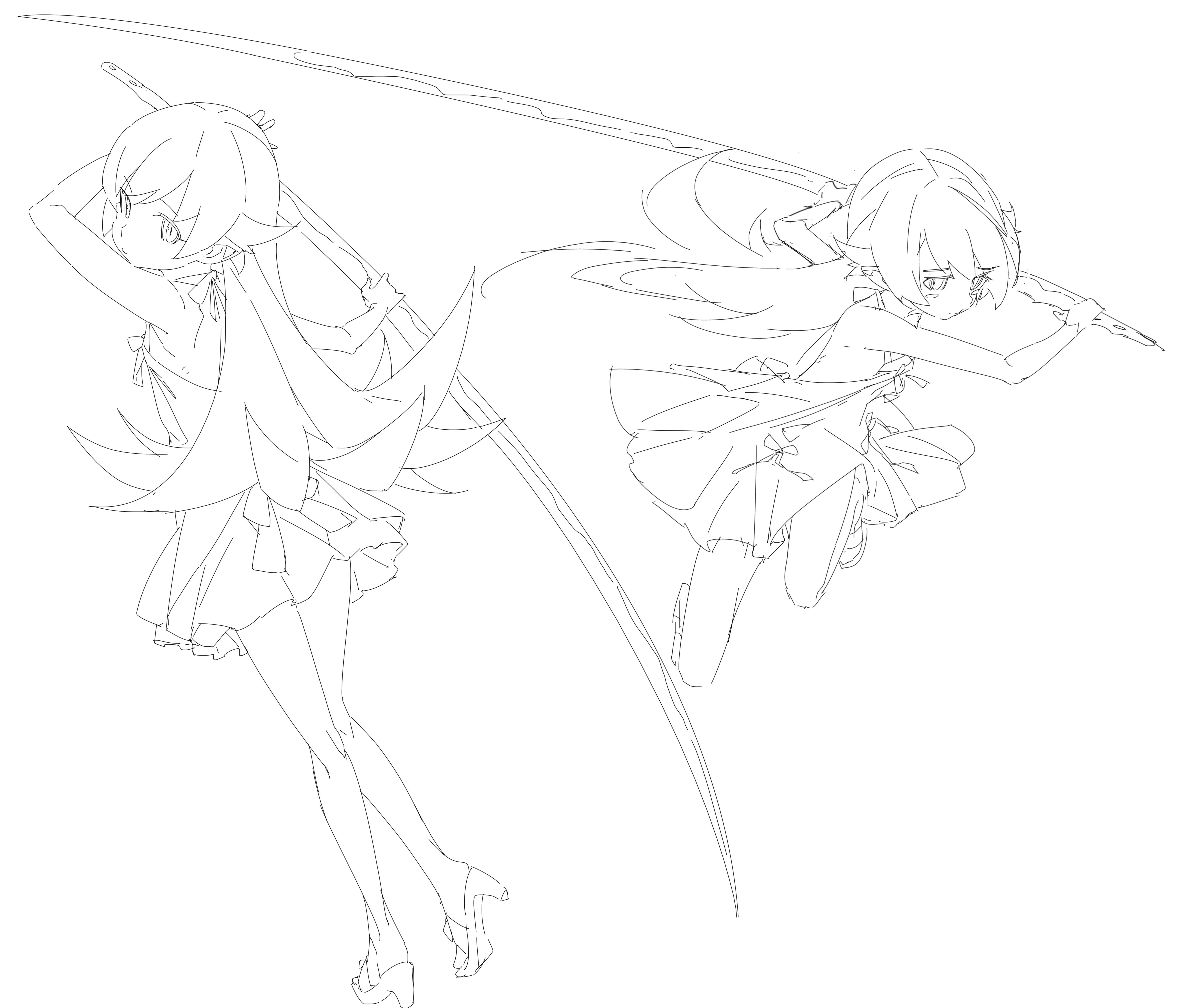 shishirui san, oshino shinobu, monogatari (series), absurdres, highres, 1girl, apron, armpits, back bow, bare arms, bare legs, bow, bow apron, closed mouth, dashing, expressionless, flipped hair, floating hair, from behind, from side, full body, hair between eyes, hair flaps, halterneck, hand on blade, high heel sandals, holding, holding sword, holding weapon, huge weapon, jumping, kneepits, knees together feet apart, kokorowatari, lineart, long hair, looking to the side, multiple views, ootachi, pointy ears, ringed eyes, sandals, sidelocks, simple background, skirt, standing, swinging weapon, sword, two-handed, very long hair, waist bow, weapon, white background