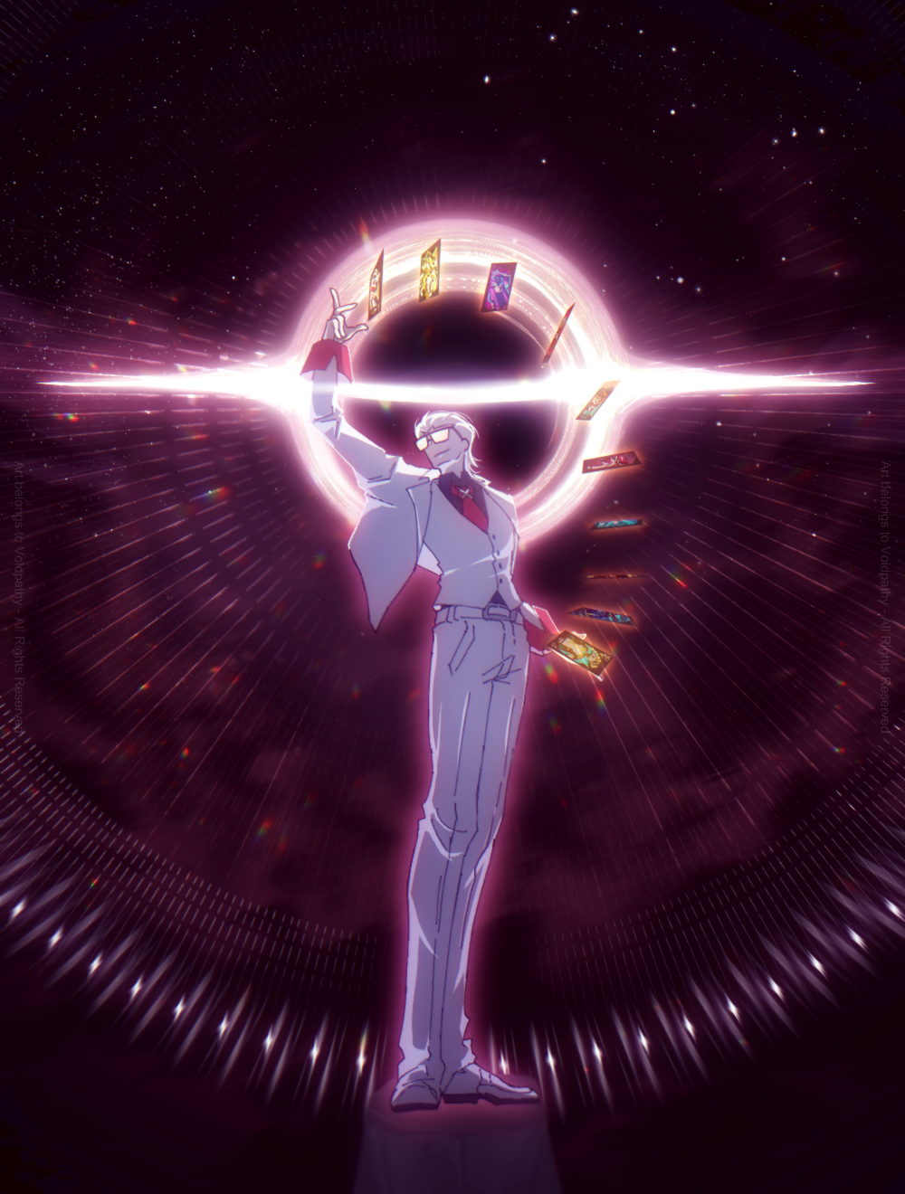 voidpathy, x (to be hero x), to be hero, to be hero x, commentary, english commentary, highres, 1boy, arm up, artist name, belt, belt buckle, black hole, black shirt, buckle, card, chromatic aberration, closed mouth, collared shirt, full body, hair slicked back, holding, holding card, jacket, lapels, male focus, mullet, necktie, notched lapels, open clothes, open jacket, pants, partially opaque sunglasses, red necktie, shirt, shoes, short hair, smile, snapping fingers, solo, standing, sunglasses, vest, watermark, white belt, white hair, white jacket, white pants, white shoes, white vest, wing collar, x ornament