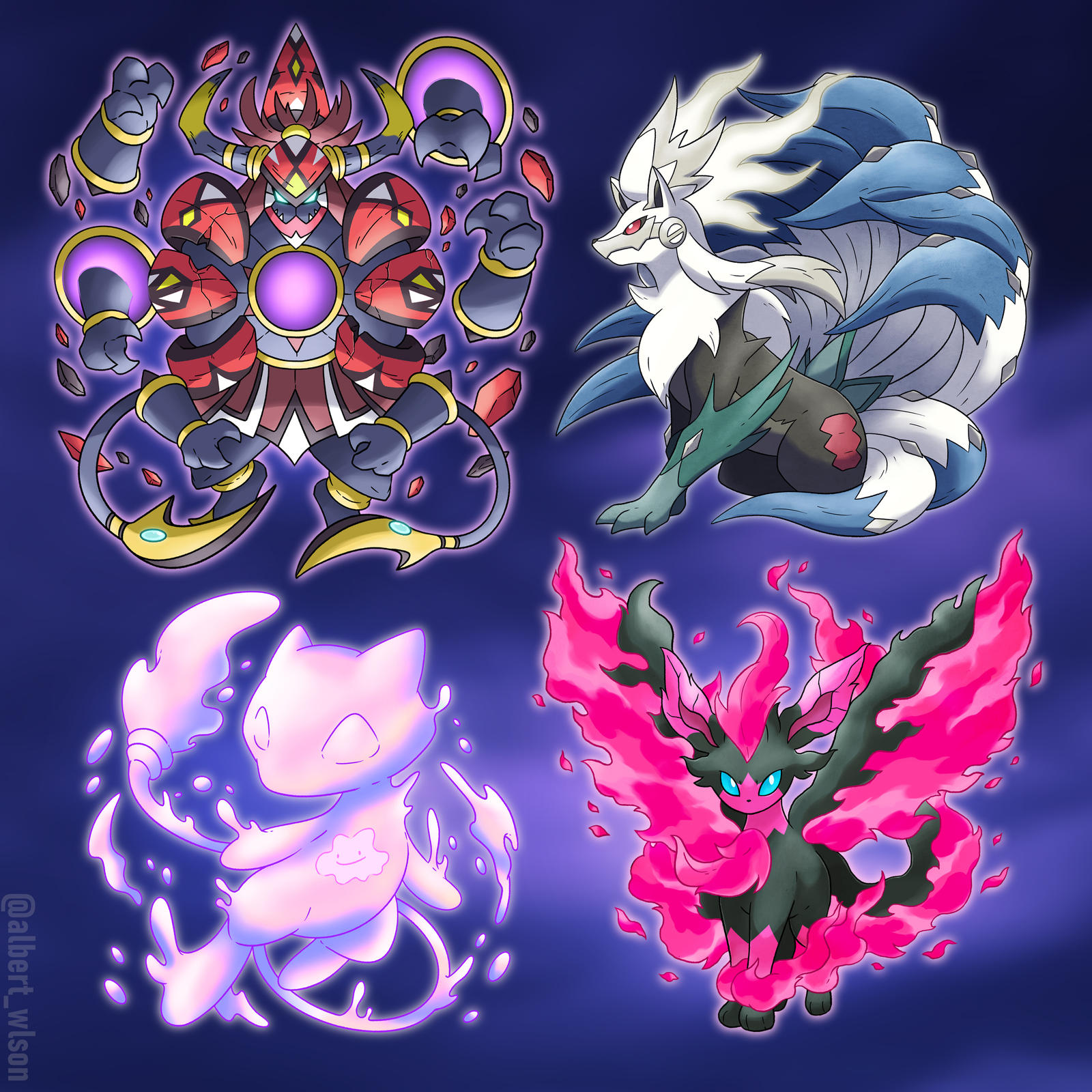 albrt-wlson, ditto, galarian moltres, hoopa, hoopa (unbound), leafeon, mew (pokemon), ninetales, silvally, tapu bulu, nintendo, pokemon, commentary, commission, english commentary, highres, aqua sclera, closed mouth, colored sclera, debris, extra arms, extra tails, fangs, fire, full body, fusion, galarian form, gen 1 pokemon, gen 4 pokemon, gen 6 pokemon, gen 7 pokemon, gen 8 pokemon, glowing, glowing eyes, horns, instagram username, legendary pokemon, mythical pokemon, pink fire, pokemon (creature), pokemon focus, portal (object), rayman limbs, red sclera, v-shaped eyes, white eyes
