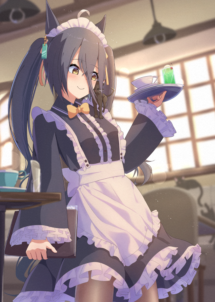 snowpict, manhattan cafe (umamusume), umamusume, 1girl, ahoge, alternate costume, alternate hairstyle, animal ears, apron, black dress, black hair, black pantyhose, blush, bow, bowtie, breasts, cat, cat cafe, closed mouth, cup, dress, drinking glass, ear tag, earrings, frills, hair between eyes, holding, holding menu, holding tray, horse ears, horse girl, horse tail, jewelry, long bangs, long hair, long hair between eyes, long sleeves, looking at viewer, maid, maid cafe, maid headdress, menu, multicolored hair, pantyhose, single earring, small breasts, smile, solo, tail, tray, twintails, waitress, white apron, white hair, yellow bow, yellow bowtie, yellow eyes