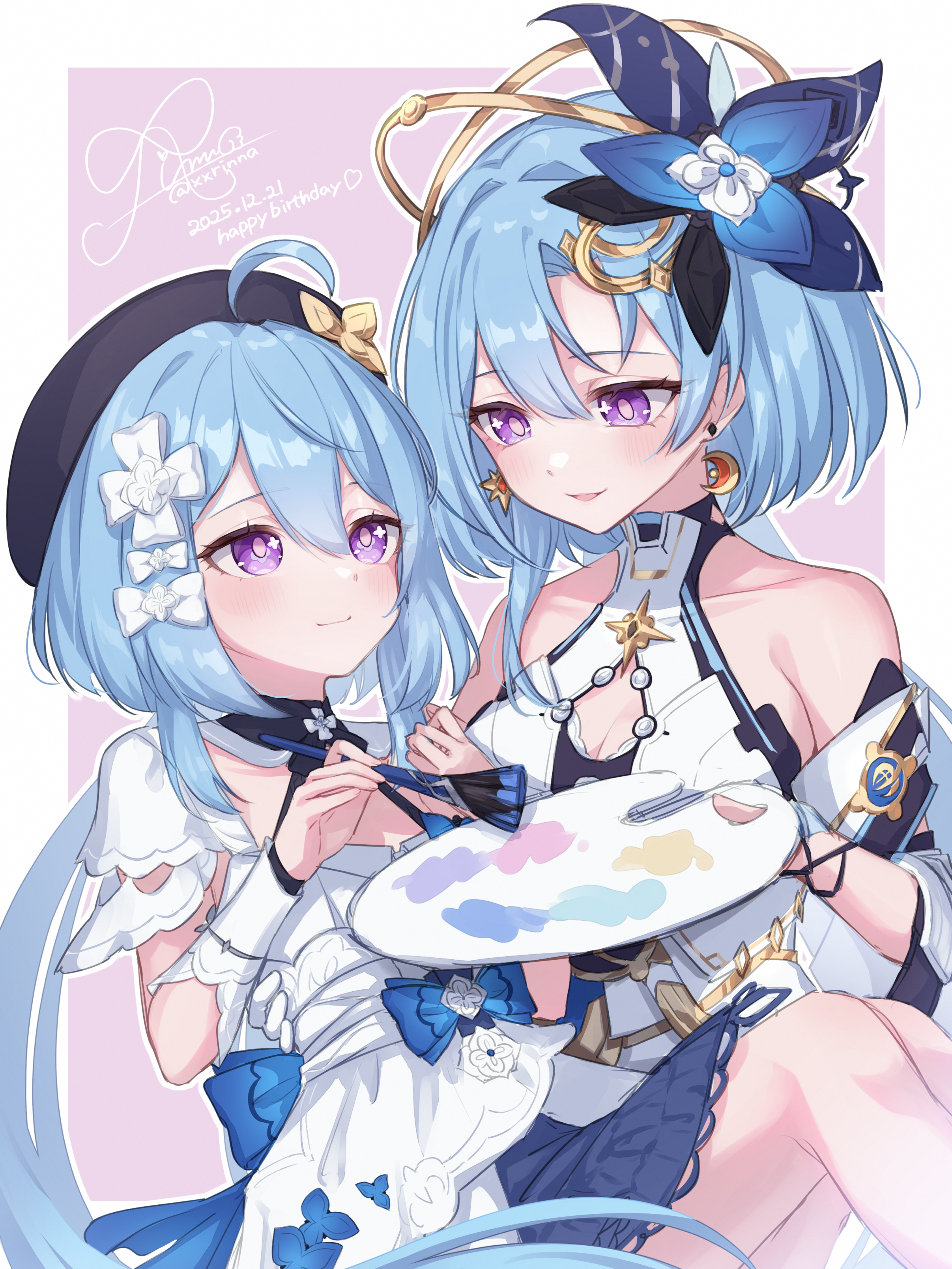 rinna (xxrinna), griseo, griseo (cosmic expression), griseo (starry impression), honkai (series), honkai impact 3rd, absurdres, commentary request, highres, 2girls, ahoge, bare shoulders, beret, blue hair, border, breasts, cleavage cutout, clothing cutout, crescent, crescent earrings, dress, dual persona, earrings, flower, hair flower, hair ornament, hat, holding, holding paint palette, holding paintbrush, jewelry, large breasts, long hair, looking at another, medium breasts, multiple girls, paint palette, paintbrush, purple background, purple eyes, smile, time paradox, very long hair, white border, white dress