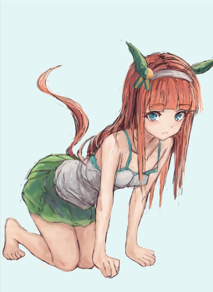 yanagi wakana, silence suzuka (umamusume), umamusume, 1girl, animal ears, bare shoulders, blue eyes, blunt bangs, blush, breasts, closed mouth, collarbone, dress, ear covers, frown, full body, green skirt, hairband, hime cut, horse ears, horse girl, horse tail, long hair, looking at viewer, orange hair, orange tail, simple background, skirt, sleeveless, sleeveless dress, small breasts, solo, tail, tank top, white hairband, white tank top