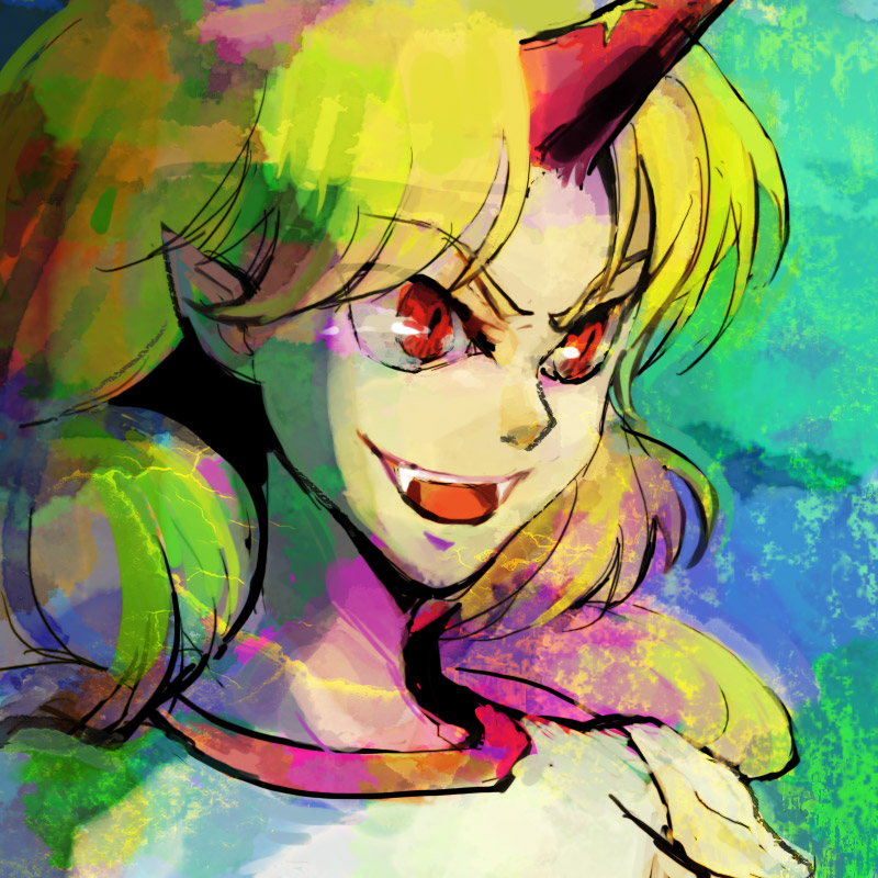 riinu (ir-n), hoshiguma yuugi, touhou, 1girl, blonde hair, fangs, female focus, horns, pointy ears, red eyes, solo