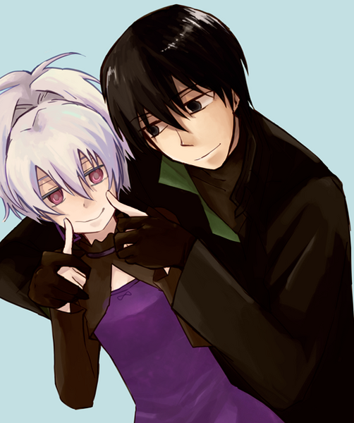 na ma, hei (darker than black), yin (darker than black), darker than black, image sample, pixiv sample, resized, 00s, 1boy, 1girl, black hair, couple, dress, fingersmile, long hair, ponytail, smile, white hair