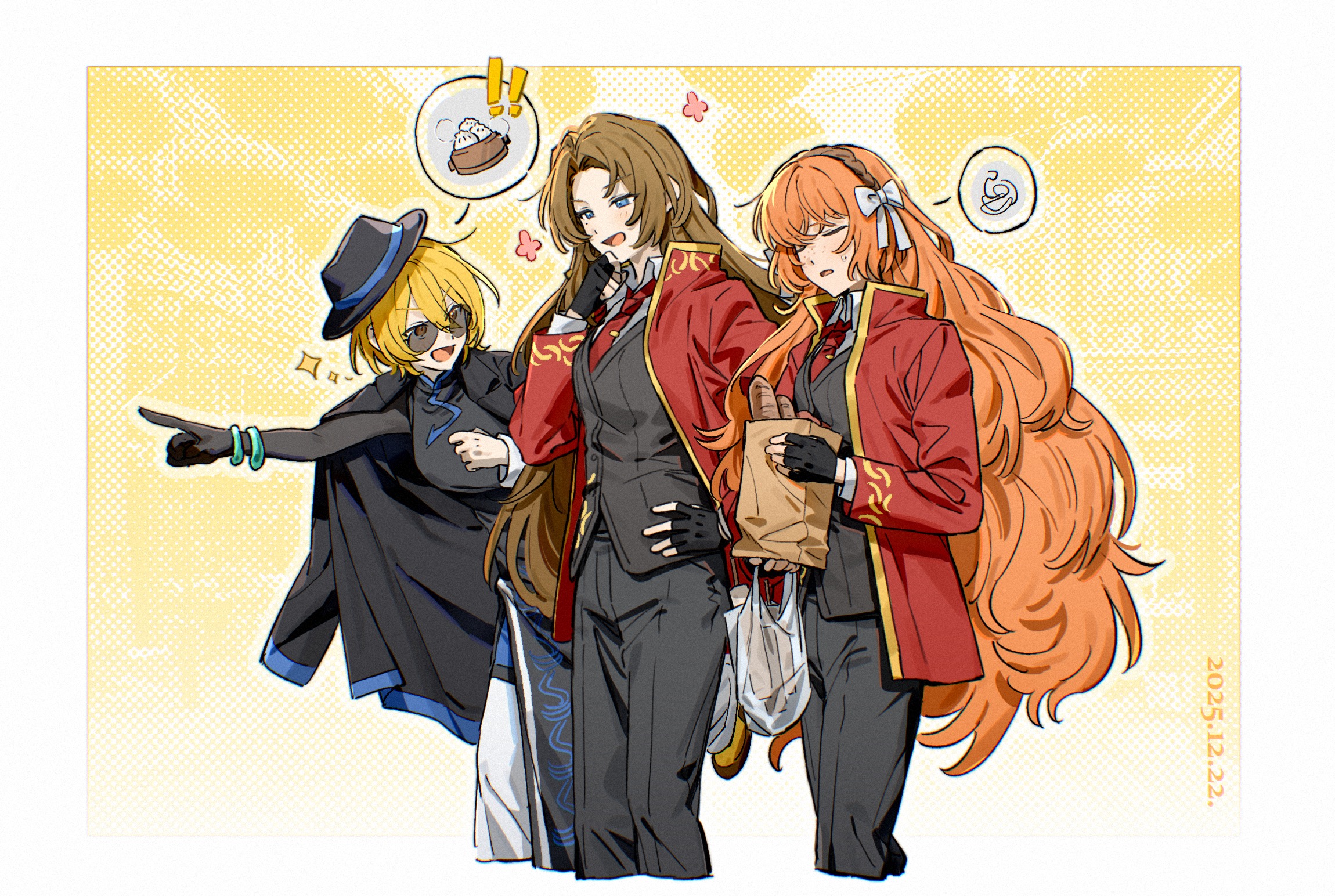 uzr akira, don quixote (project moon), ishmael (project moon), rodion (project moon), limbus company, project moon, highres, !, !!, 3girls, bag, black coat, black dress, black gloves, black hat, black pants, black vest, blonde hair, blue eyes, bow, bow hairband, bracelet, bread, brown hairband, china dress, chinese clothes, cinq association east uniform, closed eyes, coat, coat on shoulders, collared shirt, dress, fingerless gloves, food, formal clothes, gloves, hairband, hand on own hip, hat, holding, holding bag, jacket, jade bracelet, jewelry, liu association south uniform, long hair, multiple girls, necktie, open mouth, orange hair, pants, paper bag, pointing, red coat, red necktie, round eyewear, shirt, shopping bag, short hair, single glove, smile, spoken food, spoken squiggle, squiggle, suit, sunglasses, tilted headwear, tinted eyewear, very long hair, vest, white bow, white shirt, yellow eyes