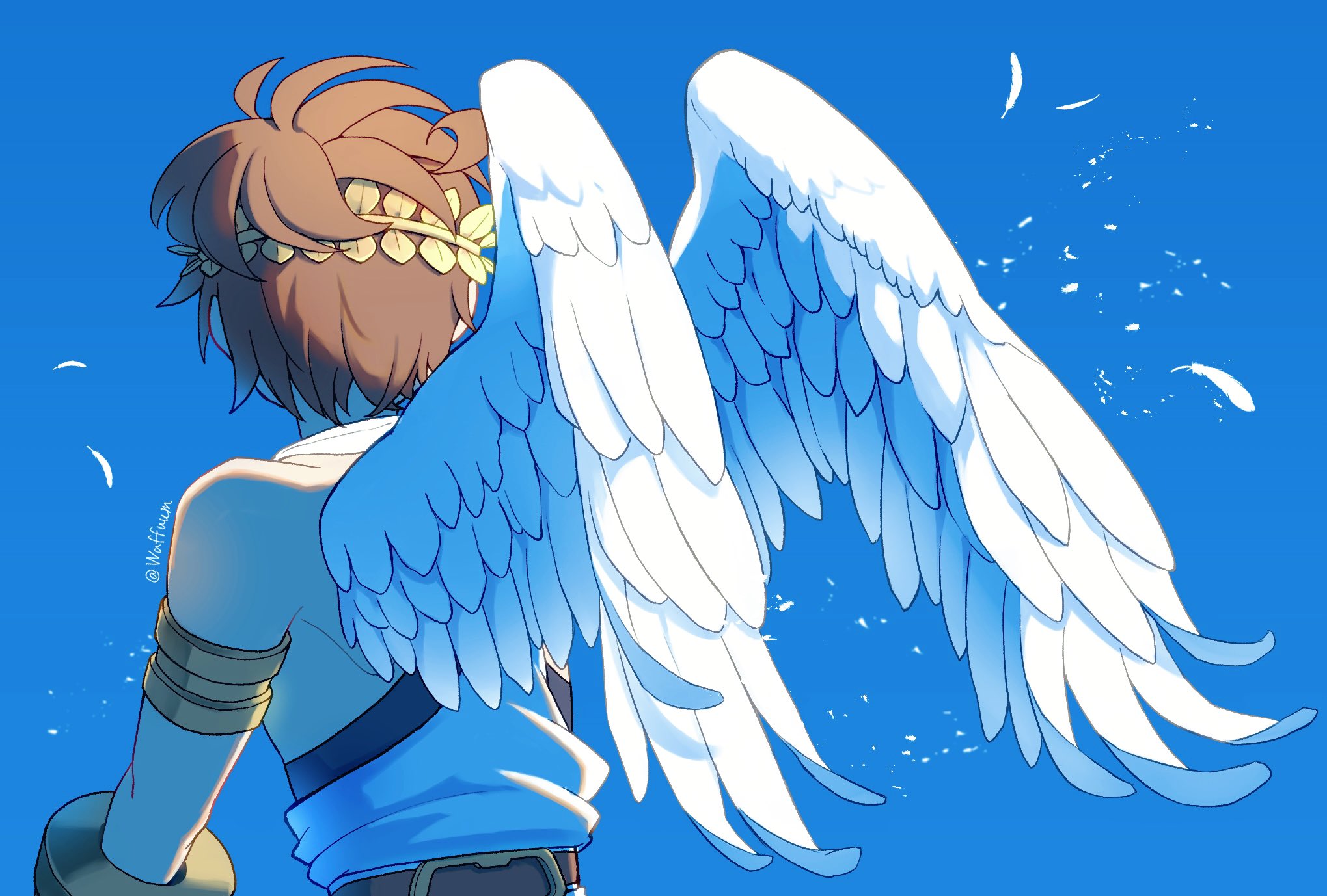 waffuum, pit (kid icarus), kid icarus, nintendo, gold armlet, highres, 1boy, ancient greek clothes, angel, angel wings, armlet, bare shoulders, belt, blue sky, bracer, brown belt, brown hair, chiton, feathered wings, feathers, from behind, gold bracer, greco-roman clothes, jewelry, laurel crown, male focus, scarf, short hair, simple background, sky, solo, upper body, white scarf, white wings, wings