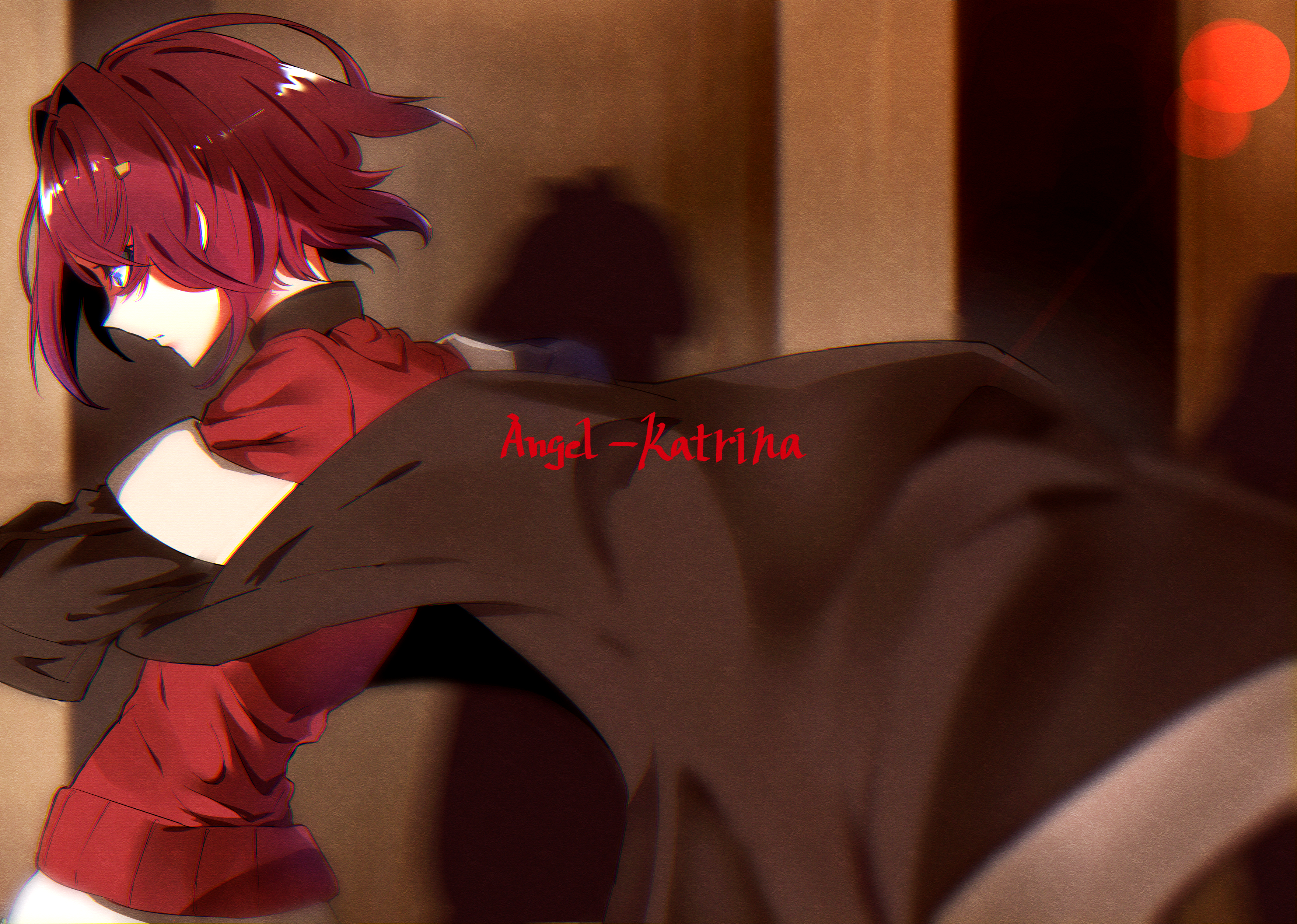 inngennakatuki, ange katrina, ange katrina (1st costume), nijisanji, absurdres, commentary request, highres, 1girl, blue eyes, blurry, blurry background, bokeh, brown coat, cardigan, character name, closed mouth, coat, depth of field, floating clothes, from side, hair intakes, looking down, medium hair, off shoulder, open clothes, open coat, profile, red cardigan, red hair, serious, solo, upper body, virtual youtuber