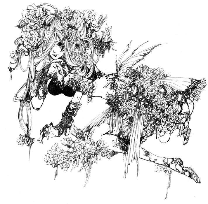 naname (strange world), original, millipen (medium), pen (medium), traditional media, 1girl, bra, breasts, female focus, flower, full body, greyscale, large breasts, lingerie, long hair, monochrome, no eyes, smile, solo, underwear, white background, wings