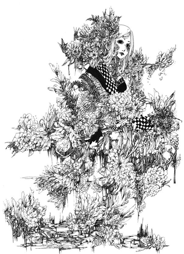 naname (strange world), original, nib pen (medium), pen (medium), traditional media, 1girl, abstract, female focus, flower, greyscale, monochrome, no eyes, solo