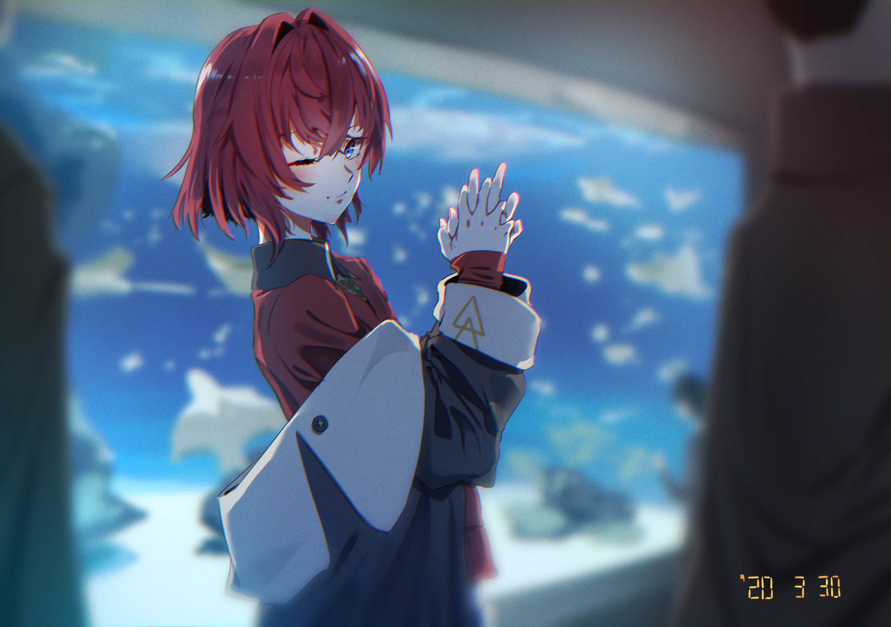 inngennakatuki, ange katrina, ange katrina (1st costume), nijisanji, commentary request, highres, 1girl, aquarium, black coat, blue eyes, blurry, blurry background, blurry foreground, blush, cardigan, closed mouth, coat, crossed bangs, dated, depth of field, from side, hair between eyes, hair intakes, hands up, interlocked fingers, looking at viewer, looking to the side, medium hair, off shoulder, one eye closed, own hands together, people, red cardigan, red hair, seven-segment display, sleeves past wrists, smile, solo focus, upper body, virtual youtuber