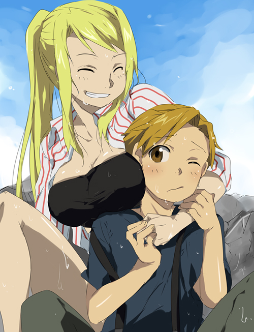 kl (dgzonbi), alphonse elric, winry rockbell, fullmetal alchemist, 00s, 1boy, 1girl, blonde hair, breast press, breasts, embarrassed, grin, hetero, hug, large breasts, ponytail, smile, wet, wince