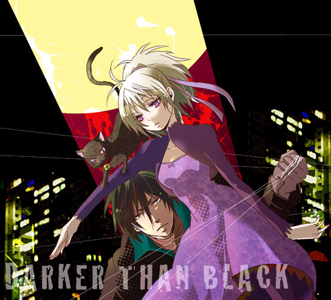 pomeko, hei (darker than black), mao (darker than black), yin (darker than black), darker than black, bad id, bad pixiv id, lowres, 00s, 1boy, 1girl, black cat, black hair, cat, dress, long hair, ponytail, purple dress, purple eyes, ribbon, white hair