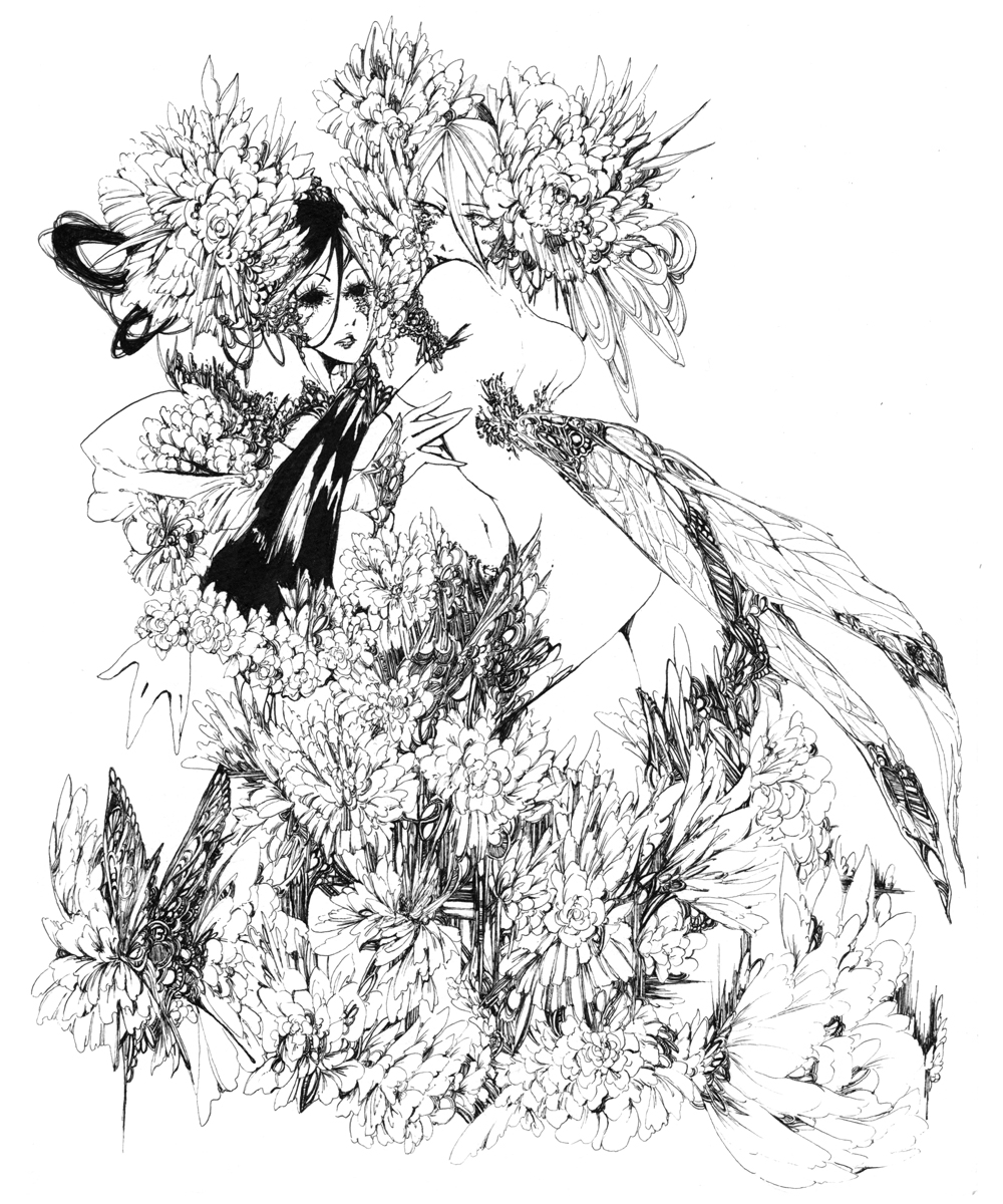 naname (strange world), original, highres, nib pen (medium), pen (medium), traditional media, 2girls, bug, butterfly, fairy, flower, greyscale, insect, monochrome, multiple girls, no eyes, nude, wings, yuri