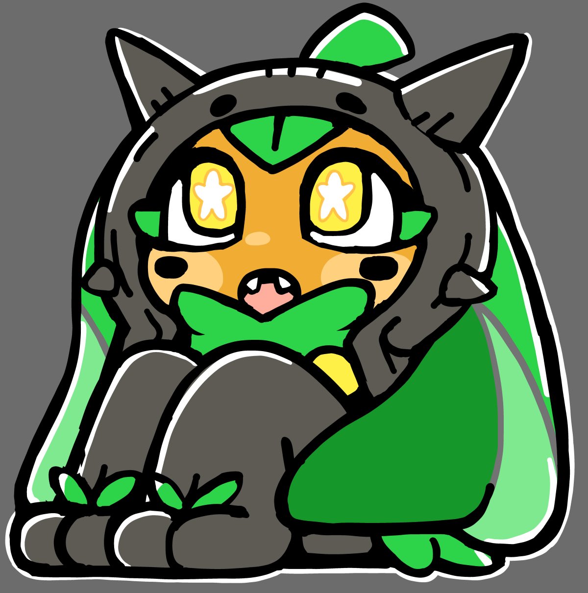 bkub, ogerpon, nintendo, pokemon, highres, :o, bright pupils, colored skin, creature, fangs, full body, green skin, grey background, knees up, no humans, open mouth, plant hair, pokemon (creature), pokemon focus, simple background, sitting, solo, spikes, sprout, star-shaped pupils, star (symbol), symbol-shaped pupils, white pupils, yellow eyes